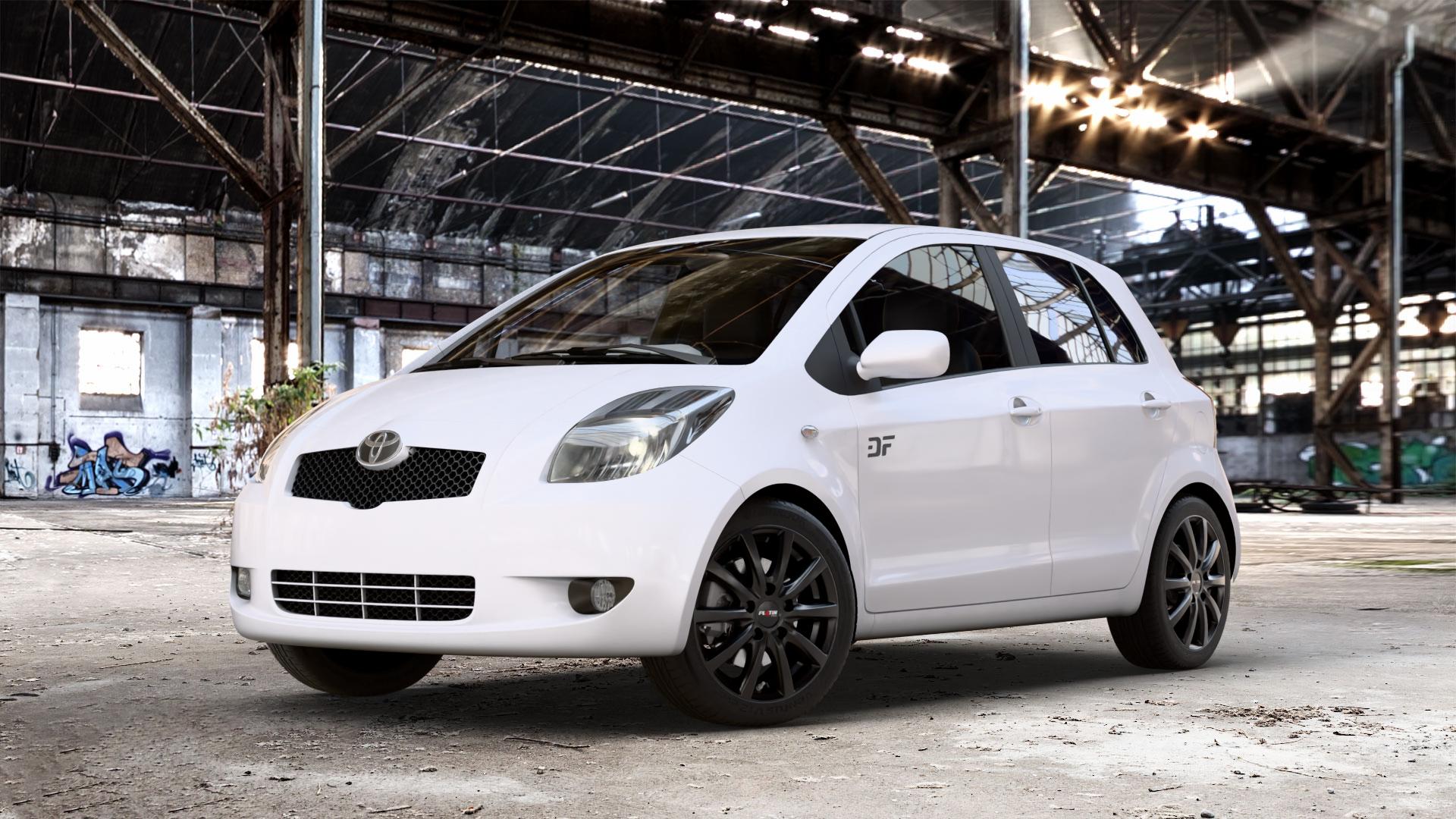 Platin Wheels P 69 schwarz matt Felge mit Reifen in 16Zoll Winterfelge Alufelge auf weissem Toyota Yaris II Typ XP9F ⬇️ mit 15mm Tieferlegung ⬇️ Old Industrial Hall_max_4400mm_2024 Frontansicht_1