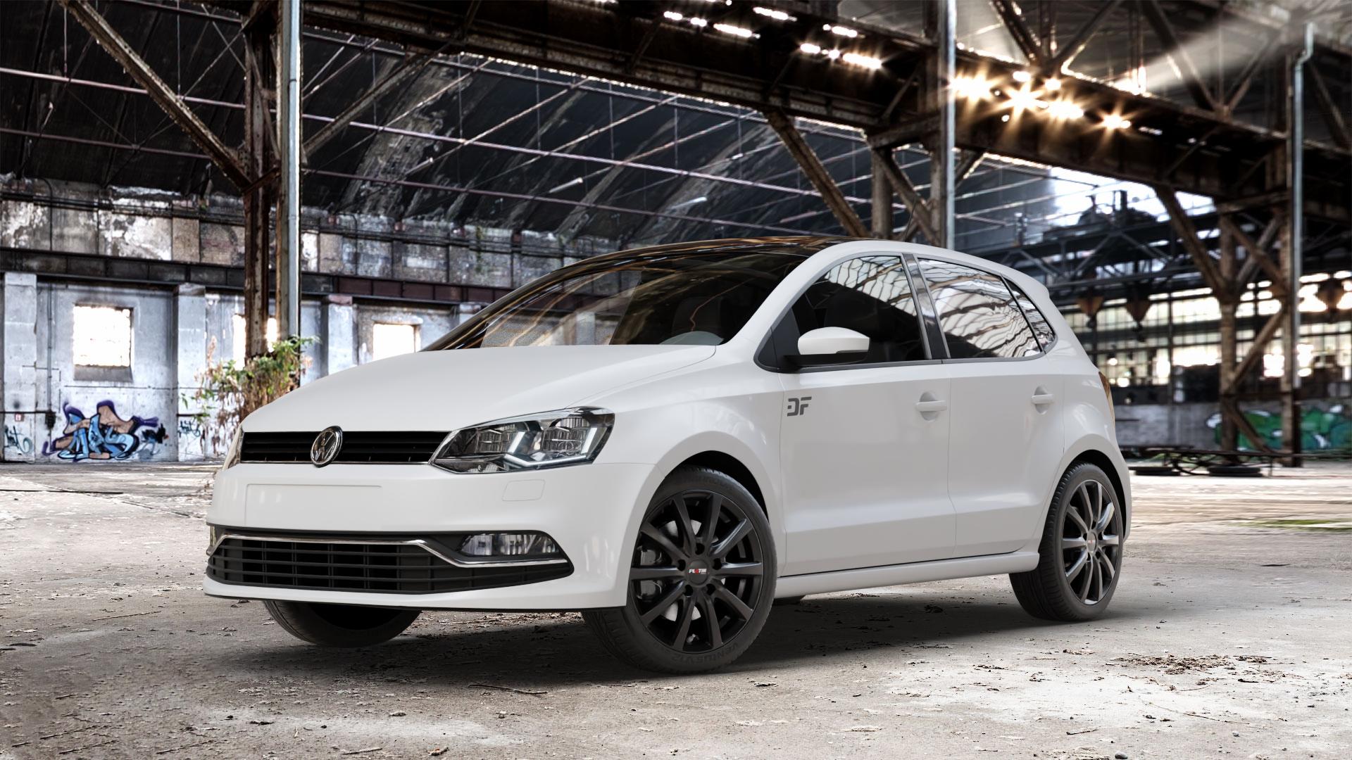 Platin Wheels P 69 schwarz matt Felge mit Reifen in 16Zoll Winterfelge Alufelge auf weissem Volkswagen (VW) Polo V Typ 6C ⬇️ mit 15mm Tieferlegung ⬇️ Old Industrial Hall_max_4400mm_2024 Frontansicht_1