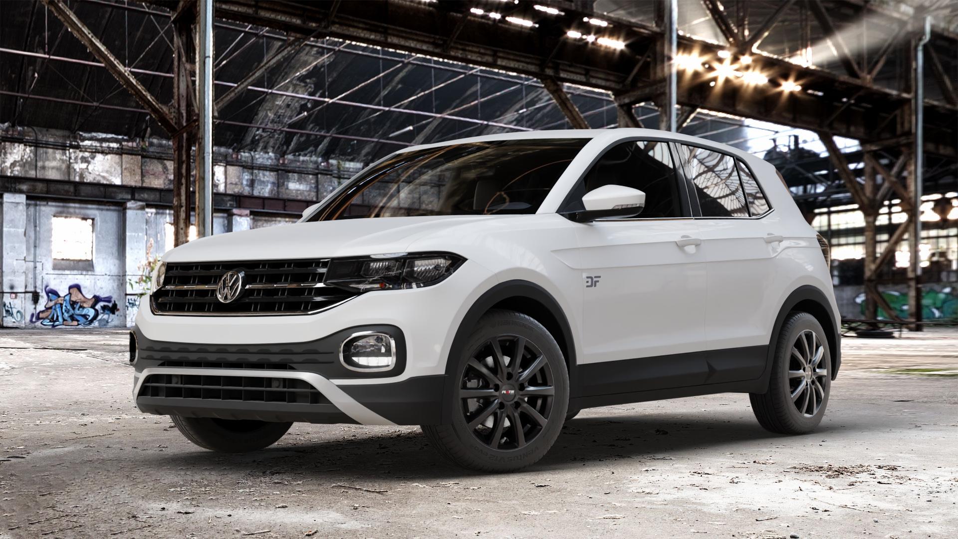 Platin Wheels P 69 schwarz matt Felge mit Reifen in 16Zoll Winterfelge Alufelge auf weissem Volkswagen (VW) T-Cross ⬇️ mit 15mm Tieferlegung ⬇️ Old Industrial Hall_max_4400mm_2024 Frontansicht_1