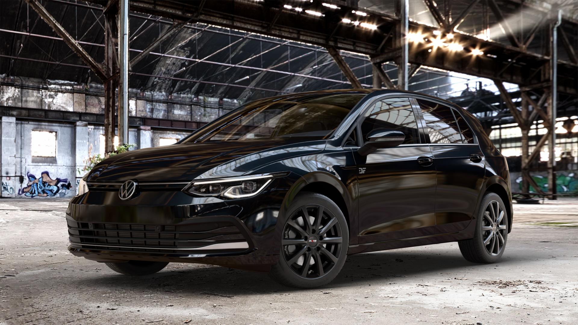Platin Wheels P 69 schwarz matt Felge mit Reifen in 17Zoll Winterfelge Alufelge auf metallic schwarzem Volkswagen (VW) Golf 8 1,5l TSI 96kW (131 PS) 110kW (150 2,0l TDI 85kW (116 Mild-Hybrid 1,0l 81kW (110 66kW (90 1,4l Hybrid TGI 4Motion 140kW (190 ⬇️ mit 15mm Tieferlegung ⬇️ Old Industrial Hall_max_4400mm_2024 Frontansicht_1