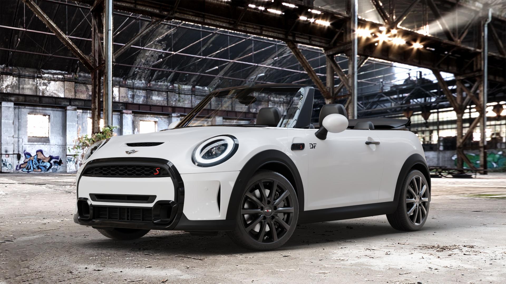 Platin Wheels P 69 schwarz matt Felge mit Reifen in 17Zoll Winterfelge Alufelge auf weissem Mini F57 Typ FMCA (Cabriolet) Facelift 21-> ⬇️ mit 15mm Tieferlegung ⬇️ Old Industrial Hall_max_4400mm_2024 Frontansicht_1