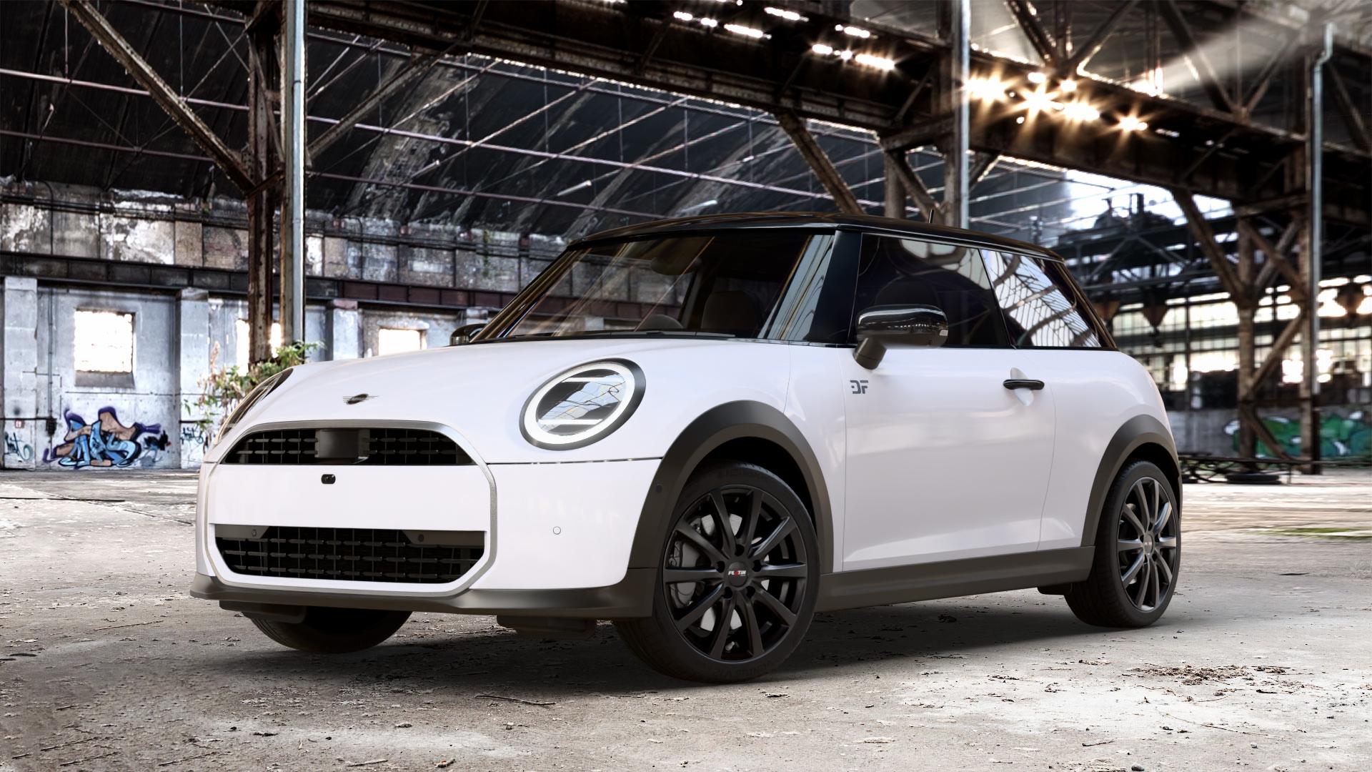 Platin Wheels P 69 schwarz matt Felge mit Reifen in 17Zoll Winterfelge Alufelge auf weissem Mini F66 Typ FM6 (3-Türer Limousine) 1,5l Cooper C 100kW (136 PS) 115kW (156 2,0l S 150kW (204 JCW 170kW (231 ⬇️ mit 15mm Tieferlegung ⬇️ Old Industrial Hall_max_4400mm_2024 Frontansicht_1