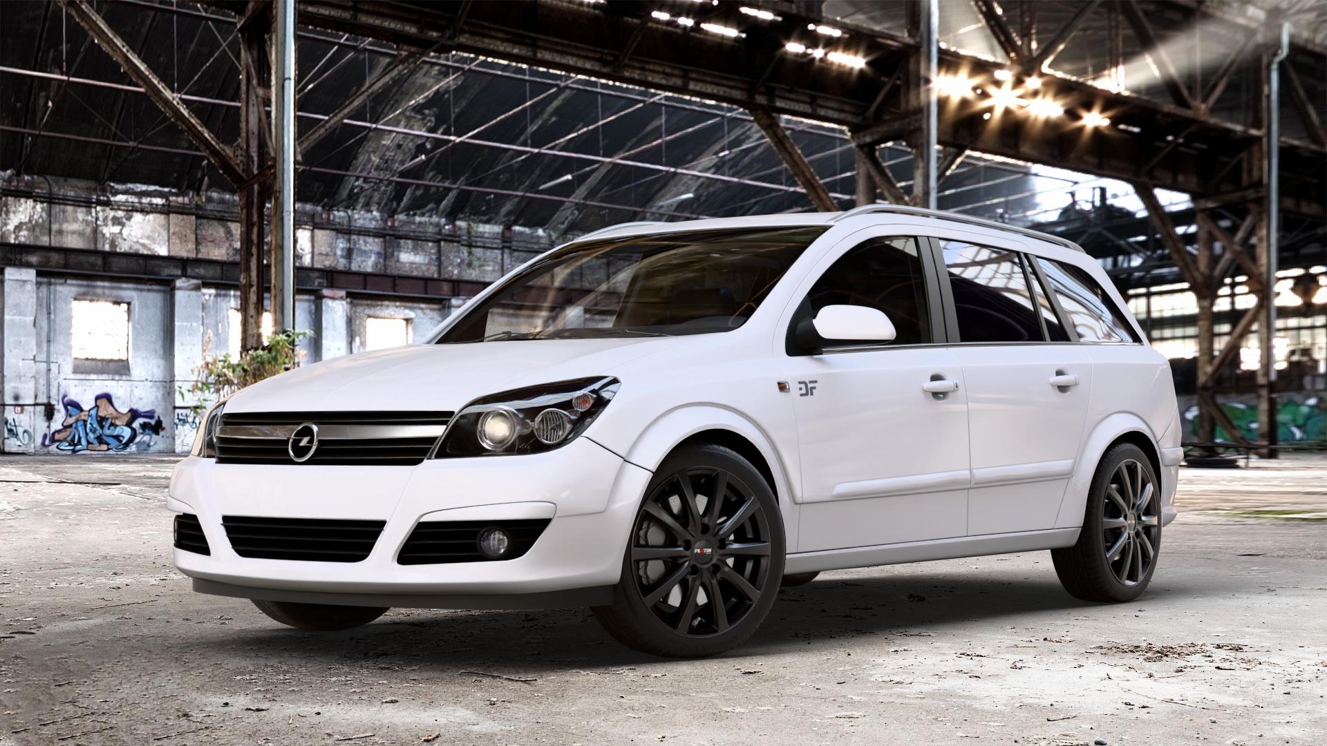 Platin Wheels P 69 schwarz matt Felge mit Reifen in 17Zoll Winterfelge Alufelge auf weissem Opel Astra H Typ A-H Caravan A-H/SW ⬇️ mit 15mm Tieferlegung ⬇️ Old Industrial Hall_max_4400mm_2024 Frontansicht_1