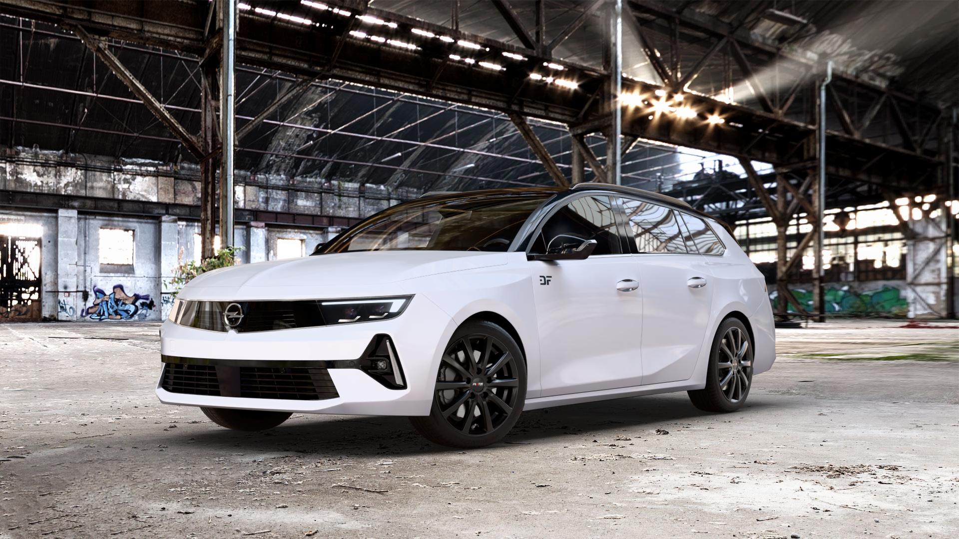 Platin Wheels P 69 schwarz matt Felge mit Reifen in 17Zoll Winterfelge Alufelge auf weissem Opel Astra L Sports Tourer Typ F Facelift ⬇️ mit 15mm Tieferlegung ⬇️ Old Industrial Hall_max_5300mm_2024 Frontansicht_1
