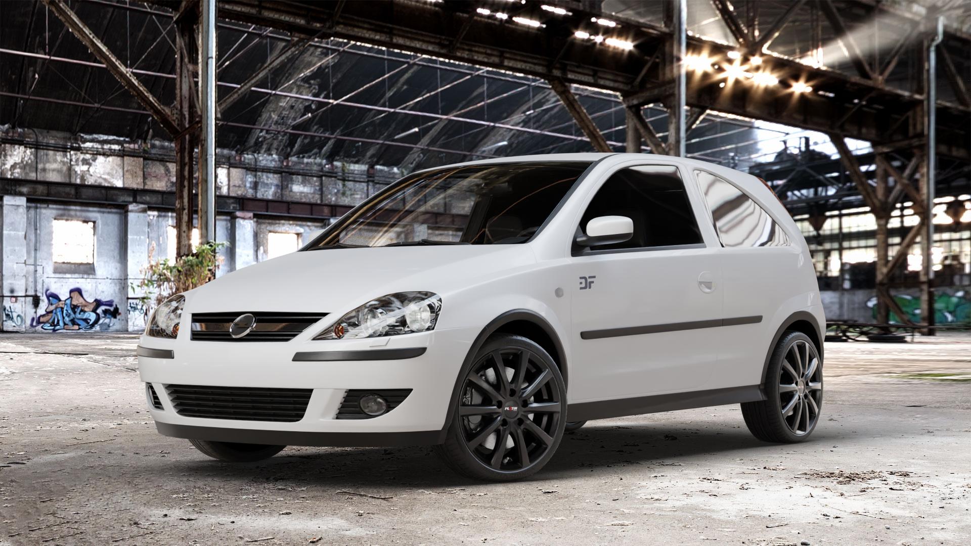 Platin Wheels P 69 schwarz matt Felge mit Reifen in 17Zoll Winterfelge Alufelge auf weissem Opel Corsa C Typ CORSA-C ⬇️ mit 15mm Tieferlegung ⬇️ Old Industrial Hall_max_4400mm_2024 Frontansicht_1