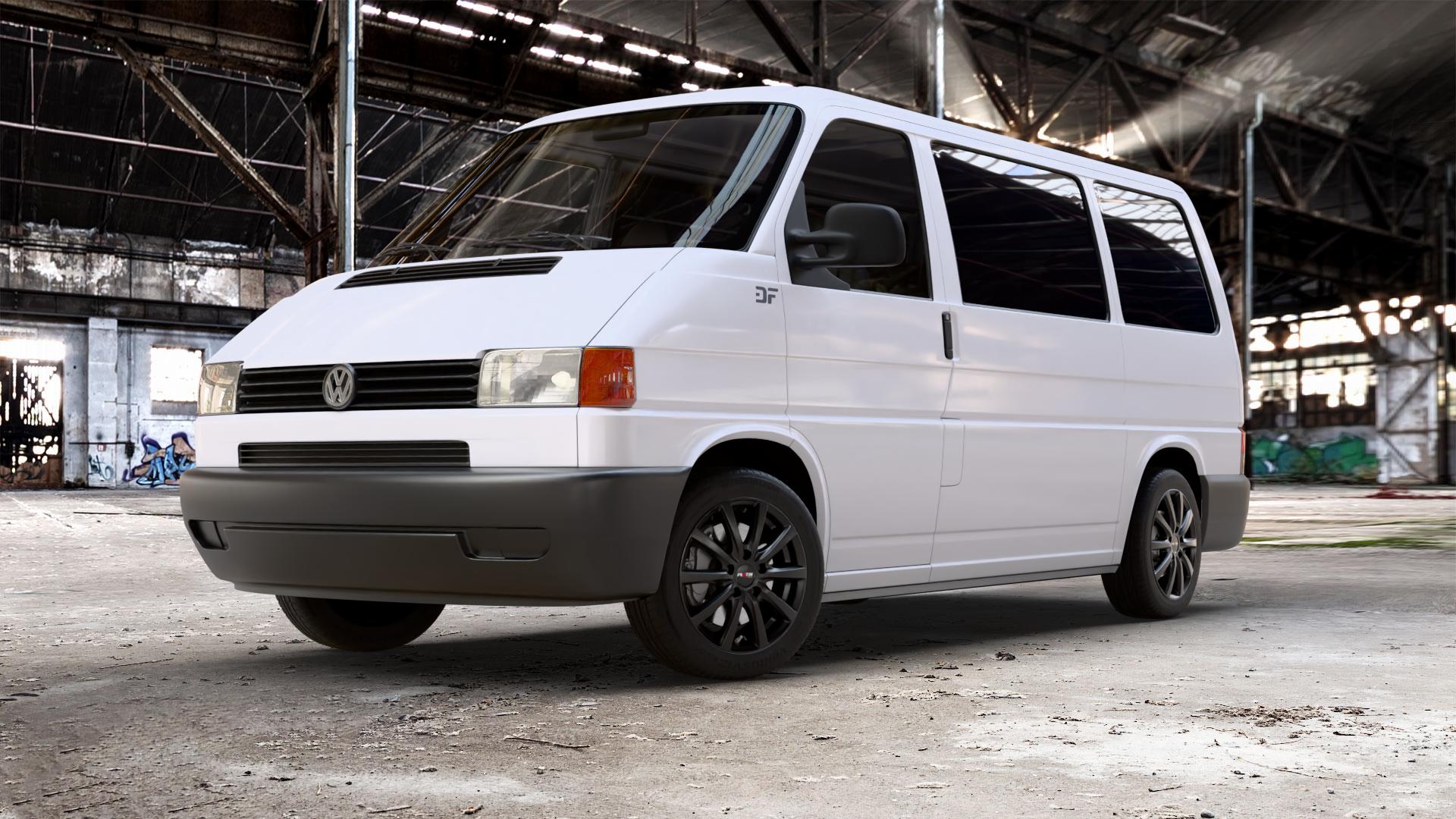 Platin Wheels P 69 schwarz matt Felge mit Reifen in 17Zoll Winterfelge Alufelge auf weissem Volkswagen (VW) T4 California Caravelle Kleinbus Multivan Krankenwagen ⬇️ mit 15mm Tieferlegung ⬇️ Old Industrial Hall_max_5300mm_2024 Frontansicht_1