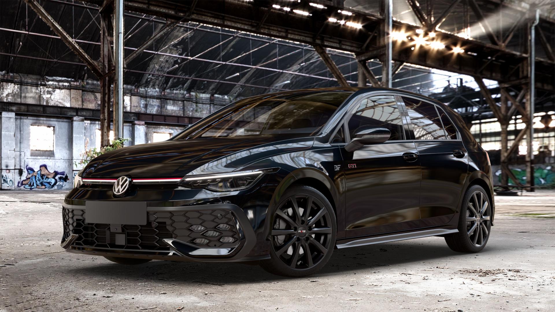 Platin Wheels P 69 schwarz matt Felge mit Reifen in 18Zoll Winterfelge Alufelge auf metallic schwarzem Volkswagen (VW) Golf 8 Facelift 2,0l GTI 195kW (265 PS) ⬇️ mit 15mm Tieferlegung ⬇️ Old Industrial Hall_max_4400mm_2024 Frontansicht_1