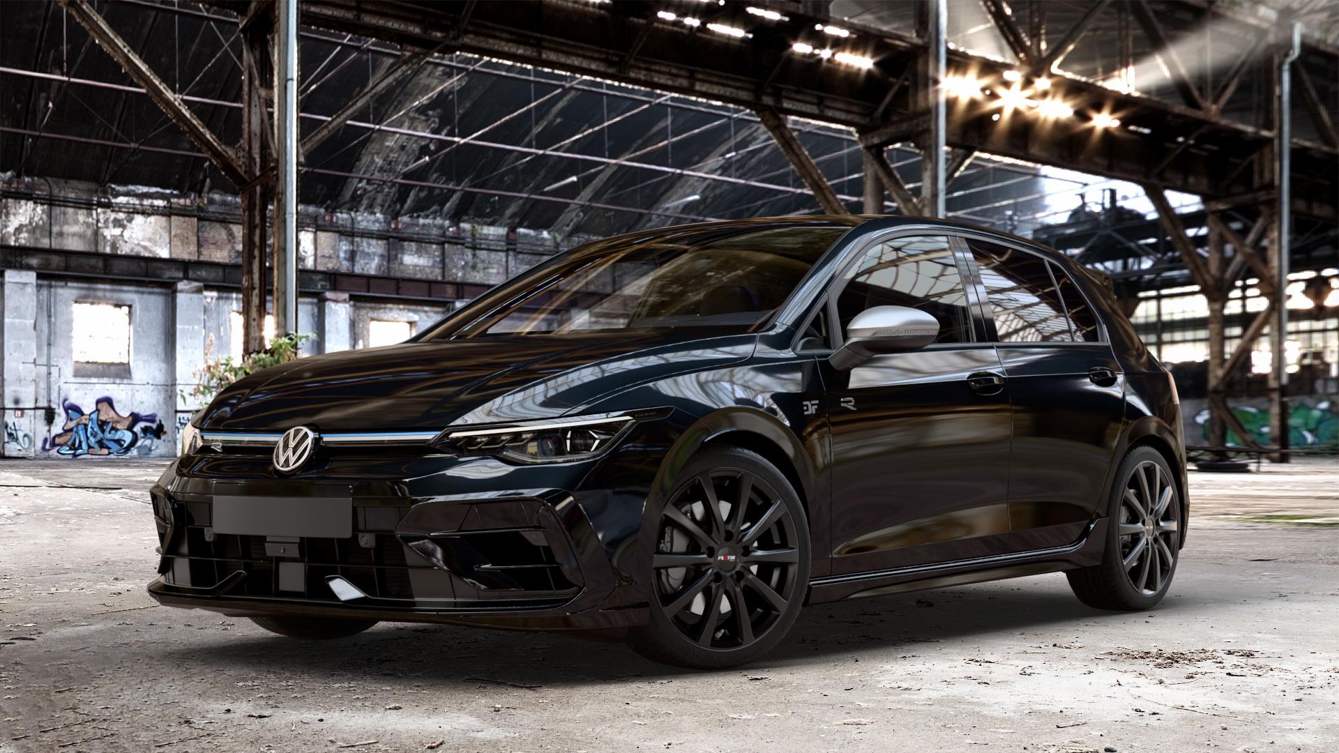 Platin Wheels P 69 schwarz matt Felge mit Reifen in 18Zoll Winterfelge Alufelge auf metallic schwarzem Volkswagen (VW) Golf 8 Facelift 2,0l R 4Motion 245kW (333 PS) ⬇️ mit 15mm Tieferlegung ⬇️ Old Industrial Hall_max_4400mm_2024 Frontansicht_1