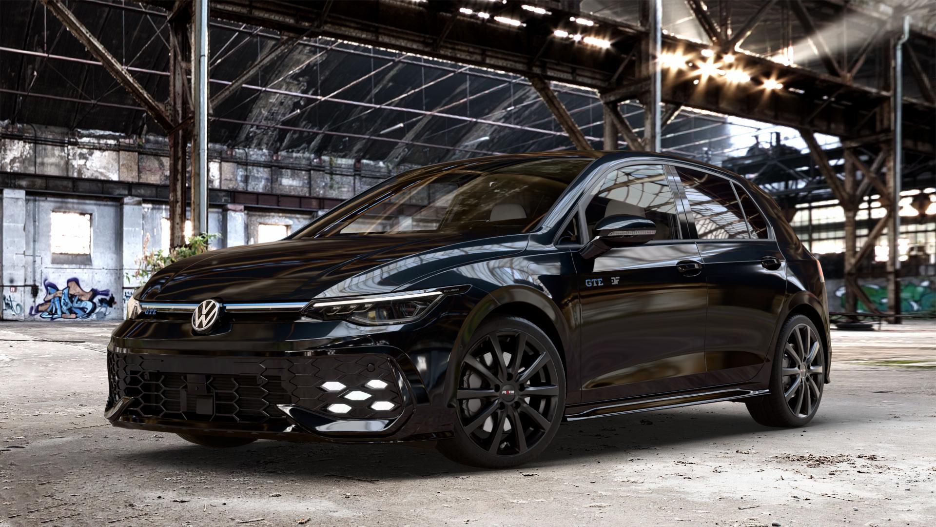 Platin Wheels P 69 schwarz matt Felge mit Reifen in 18Zoll Winterfelge Alufelge auf schwarzem Volkswagen (VW) Golf 8 Facelift 1,5l TSI GTE 130kW Hybrid (177 PS) ⬇️ mit 15mm Tieferlegung ⬇️ Old Industrial Hall_max_4400mm_2024 Frontansicht_1