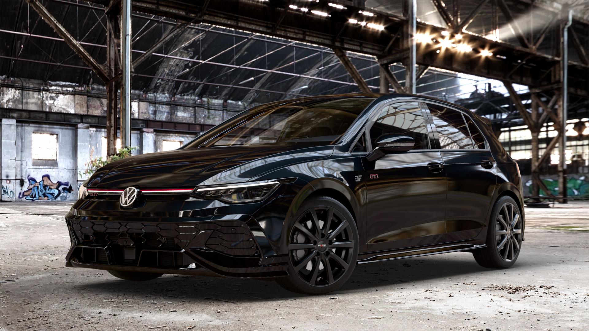 Platin Wheels P 69 schwarz matt Felge mit Reifen in 18Zoll Winterfelge Alufelge auf schwarzem Volkswagen (VW) Golf 8 Facelift 2,0l GTI Clubsport 221kW (300 PS) ⬇️ mit 15mm Tieferlegung ⬇️ Old Industrial Hall_max_4400mm_2024 Frontansicht_1