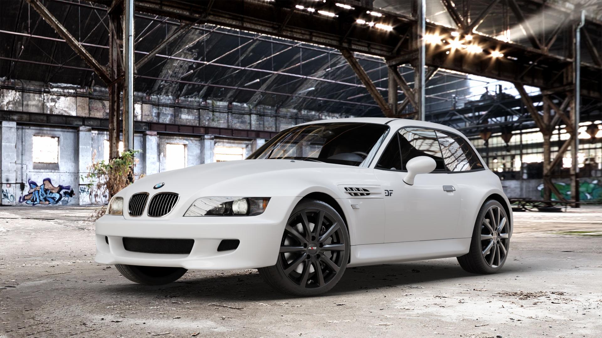 Platin Wheels P 69 schwarz matt Felge mit Reifen in 18Zoll Winterfelge Alufelge auf weissem BMW Z3 Coupé Typ E36/8(S) (R/C) ⬇️ mit 15mm Tieferlegung ⬇️ Old Industrial Hall_max_4400mm_2024 Frontansicht_1