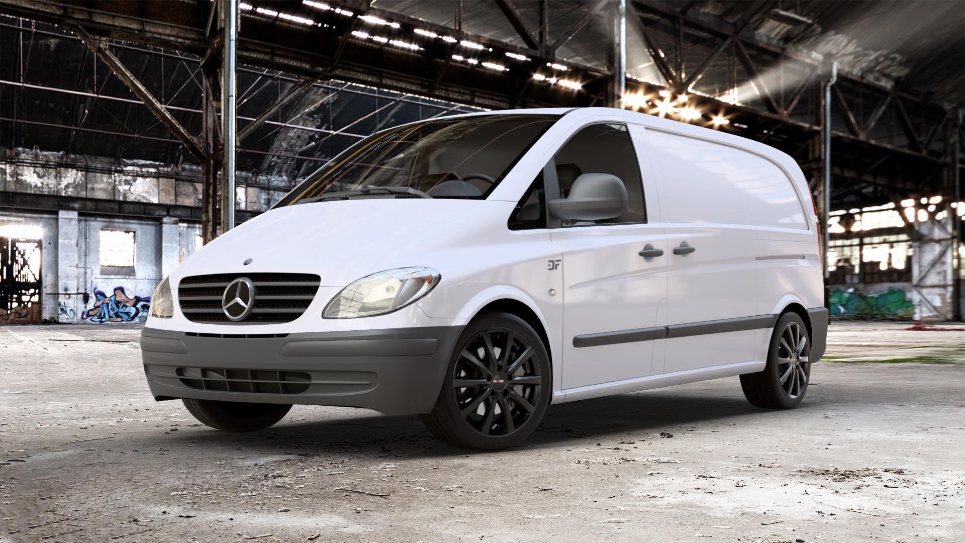 Platin Wheels P 69 schwarz matt Felge mit Reifen in 18Zoll Winterfelge Alufelge auf weissem Mercedes Vito Kasten Typ 639 ⬇️ mit 15mm Tieferlegung ⬇️ Old Industrial Hall_max_5300mm_2024 Frontansicht_1