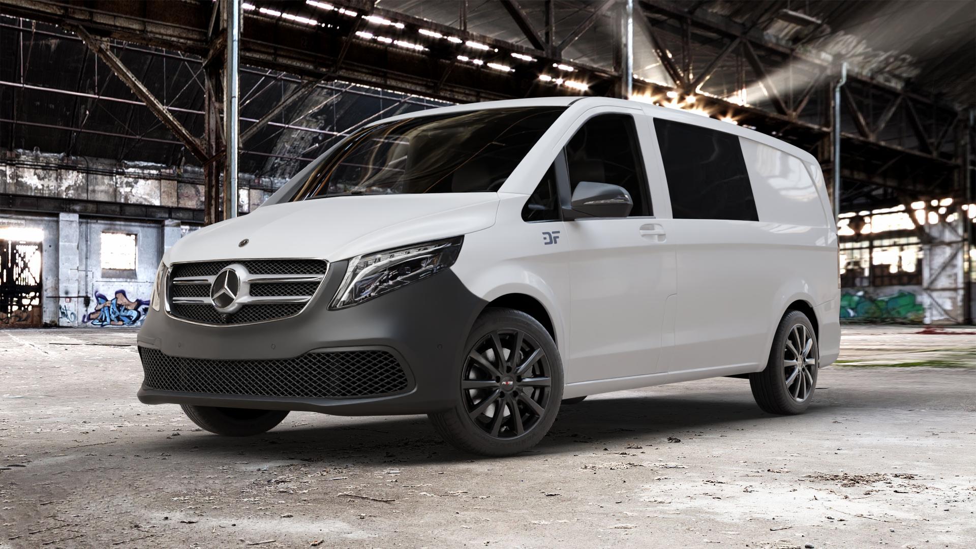 Platin Wheels P 69 schwarz matt Felge mit Reifen in 18Zoll Winterfelge Alufelge auf weissem Mercedes Vito Mixto Typ W447 Facelift ⬇️ mit 15mm Tieferlegung ⬇️ Old Industrial Hall_max_5300mm_2024 Frontansicht_1