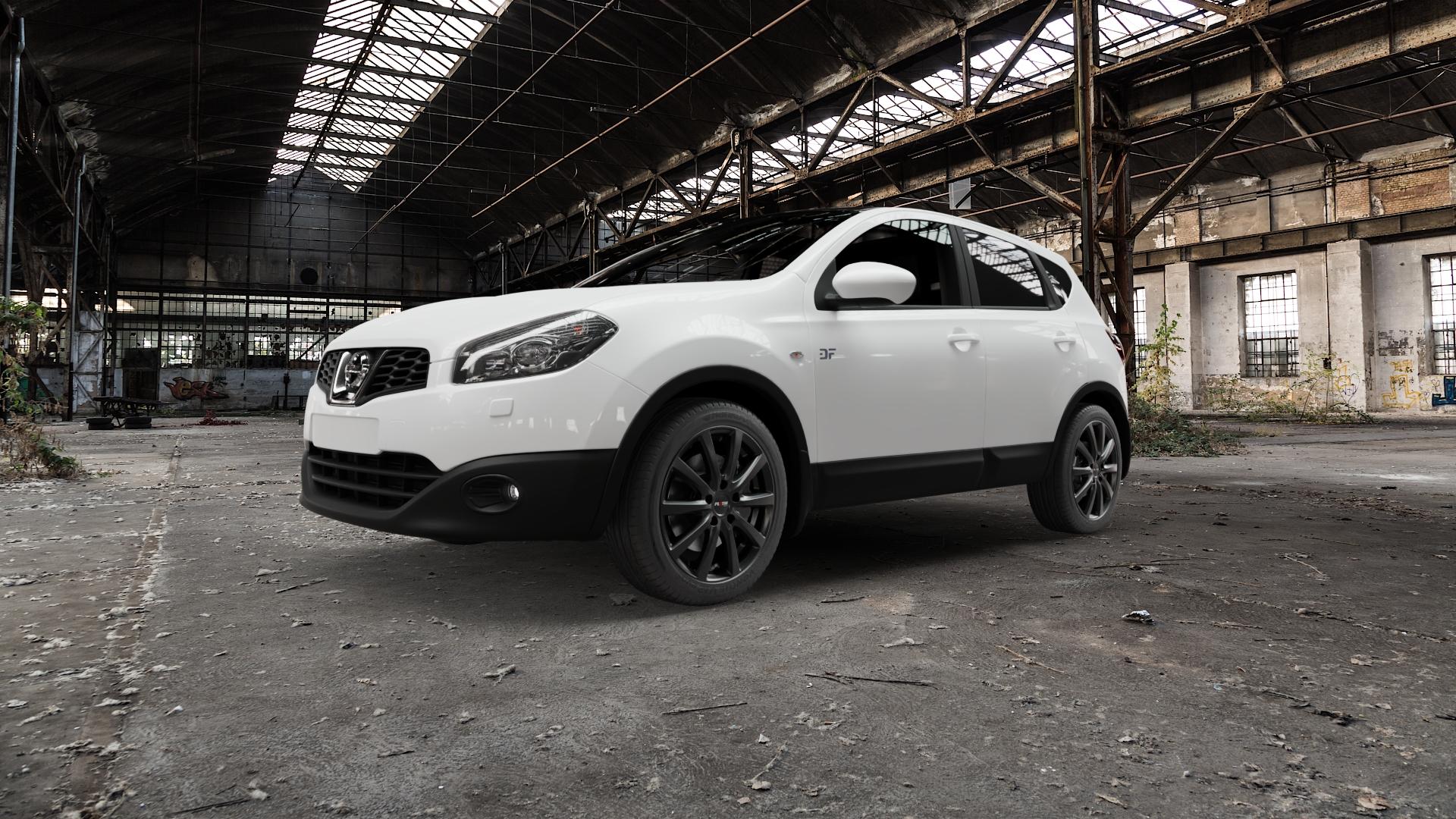 Platin Wheels P 69 schwarz matt Felge mit Reifen in 18Zoll Winterfelge Alufelge auf weissem Nissan Qashqai Typ J10 +2 ⬇️ mit 15mm Tieferlegung ⬇️ Old Industrial Hall_max5000mm_2022 Frontansicht_1