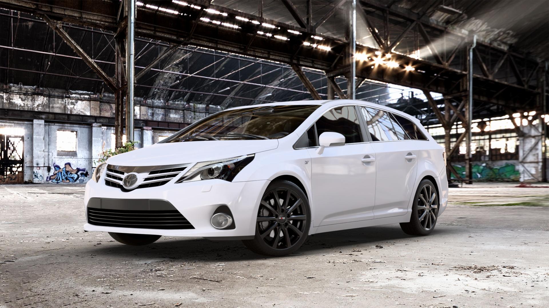 Platin Wheels P 69 schwarz matt Felge mit Reifen in 18Zoll Winterfelge Alufelge auf weissem Toyota Avensis Combi Typ T27 Facelift 12-> ⬇️ mit 15mm Tieferlegung ⬇️ Old Industrial Hall_max_5300mm_2024 Frontansicht_1