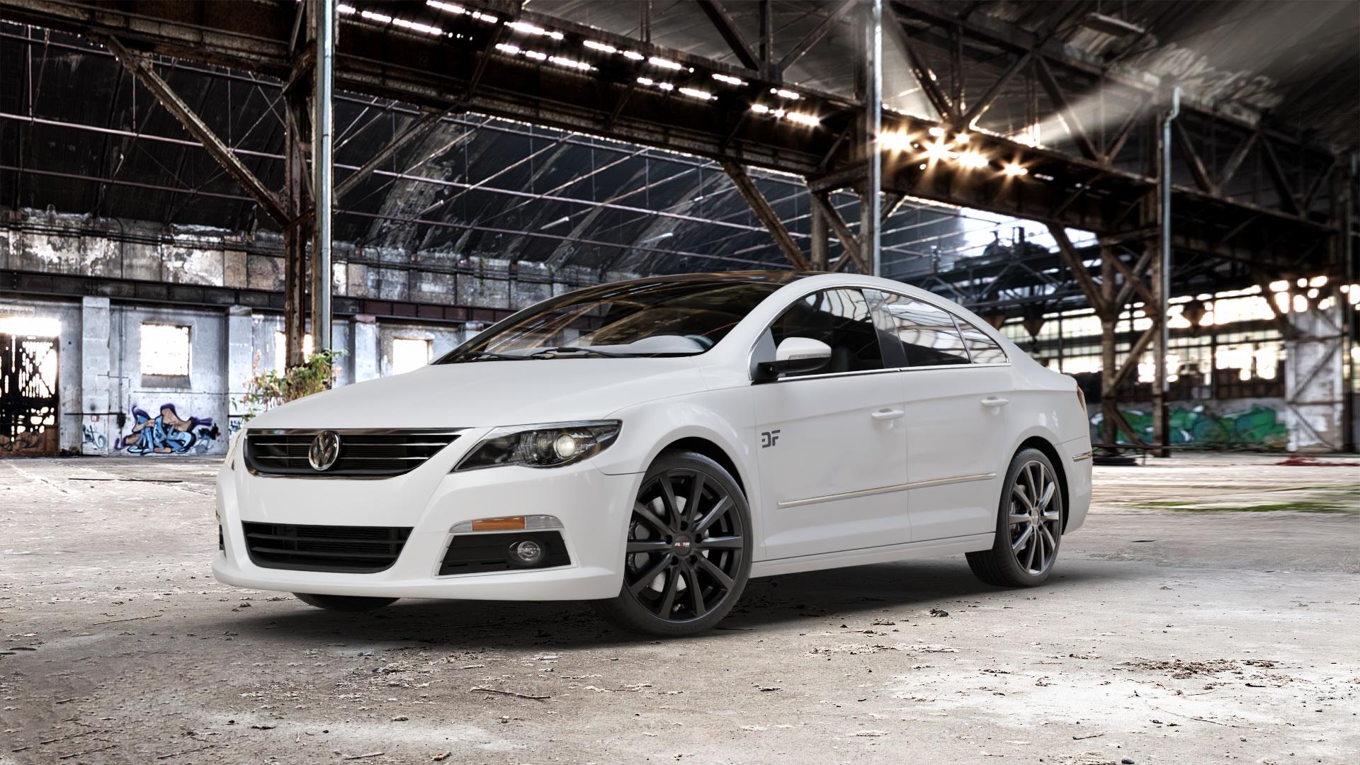 Platin Wheels P 69 schwarz matt Felge mit Reifen in 18Zoll Winterfelge Alufelge auf weissem Volkswagen (VW) CC I ⬇️ mit 15mm Tieferlegung ⬇️ Old Industrial Hall_max_5300mm_2024 Frontansicht_1