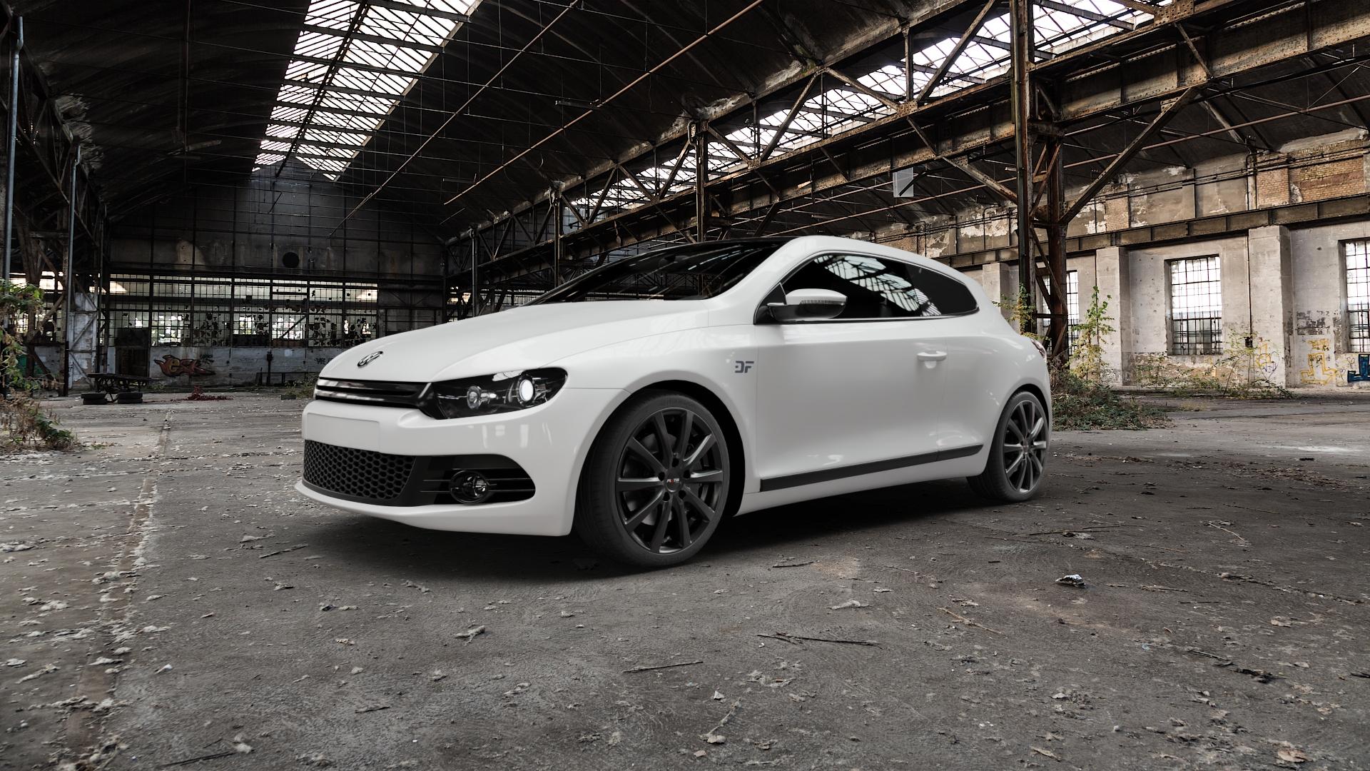 Platin Wheels P 69 schwarz matt Felge mit Reifen in 18Zoll Winterfelge Alufelge auf weissem Volkswagen (VW) Scirocco III Typ 13 ⬇️ mit 15mm Tieferlegung ⬇️ Old Industrial Hall_max5000mm_2022 Frontansicht_1