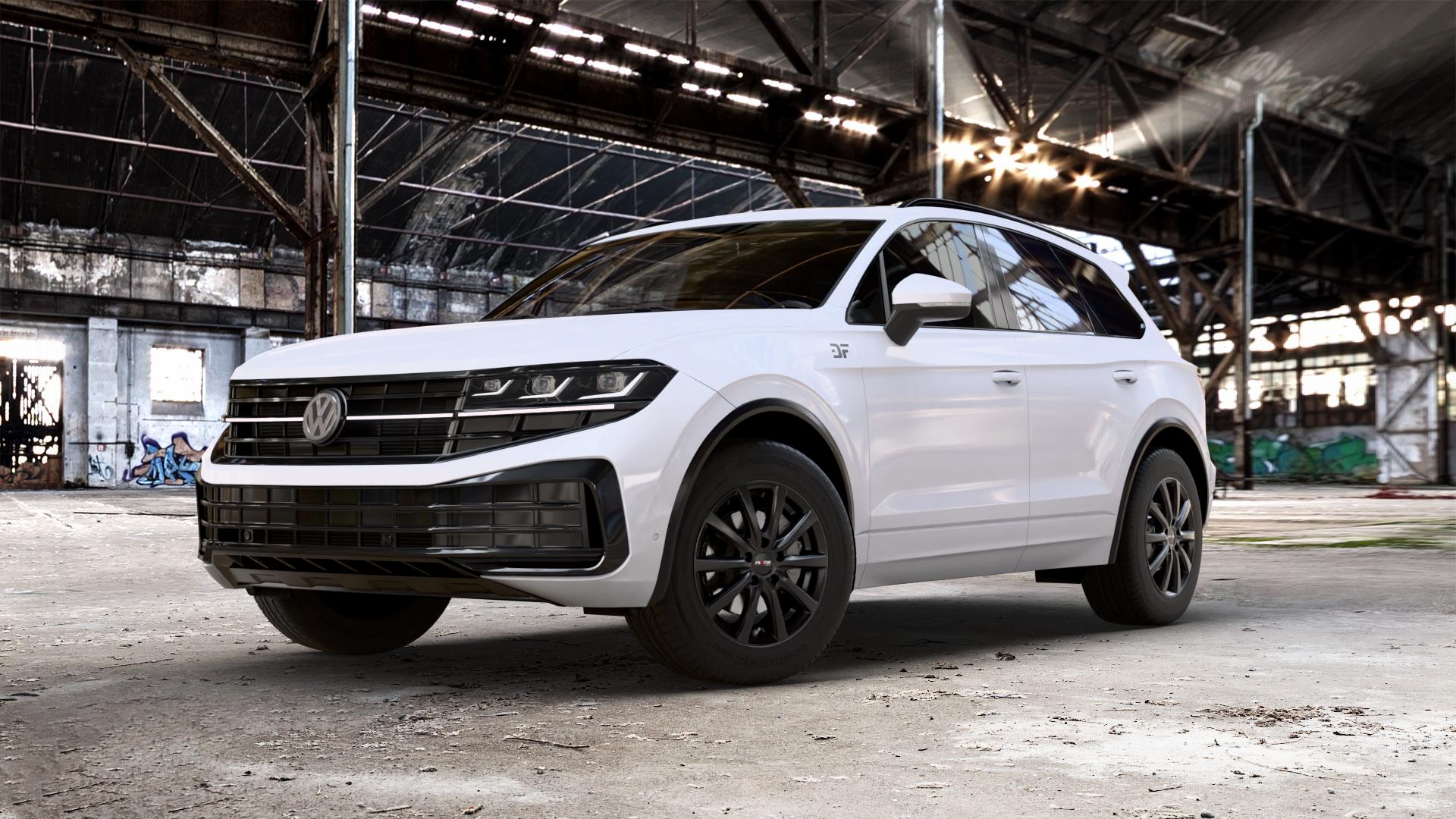 Platin Wheels P 69 schwarz matt Felge mit Reifen in 18Zoll Winterfelge Alufelge auf weissem Volkswagen (VW) Touareg III Typ CR Facelift ⬇️ mit 15mm Tieferlegung ⬇️ Old Industrial Hall_max_5300mm_2024 Frontansicht_1