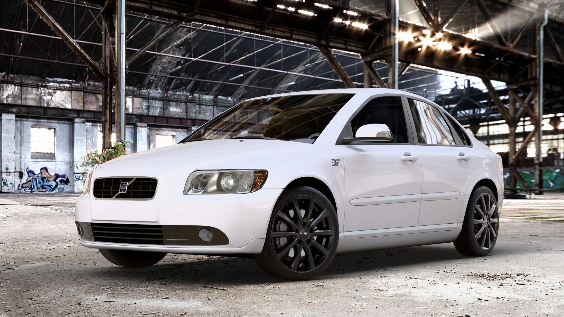 Platin Wheels P 69 schwarz matt Felge mit Reifen in 18Zoll Winterfelge Alufelge auf weissem Volvo S40 II Typ M ⬇️ mit 15mm Tieferlegung ⬇️ Old Industrial Hall_max_4400mm_2024 Frontansicht_1