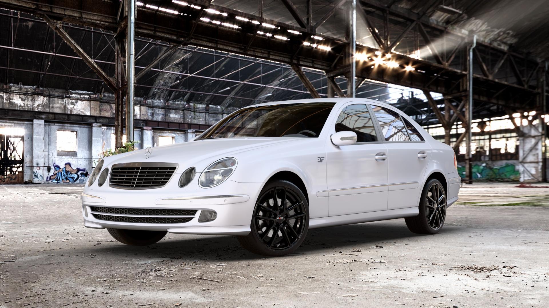 Platin Wheels P 73 diamant-schwarz Felge mit Reifen in 19Zoll Winterfelge Alufelge auf weissem Mercedes E-Klasse Typ W211 Limousine ⬇️ mit 15mm Tieferlegung ⬇️ Old Industrial Hall_max_5300mm_2024 Frontansicht_1