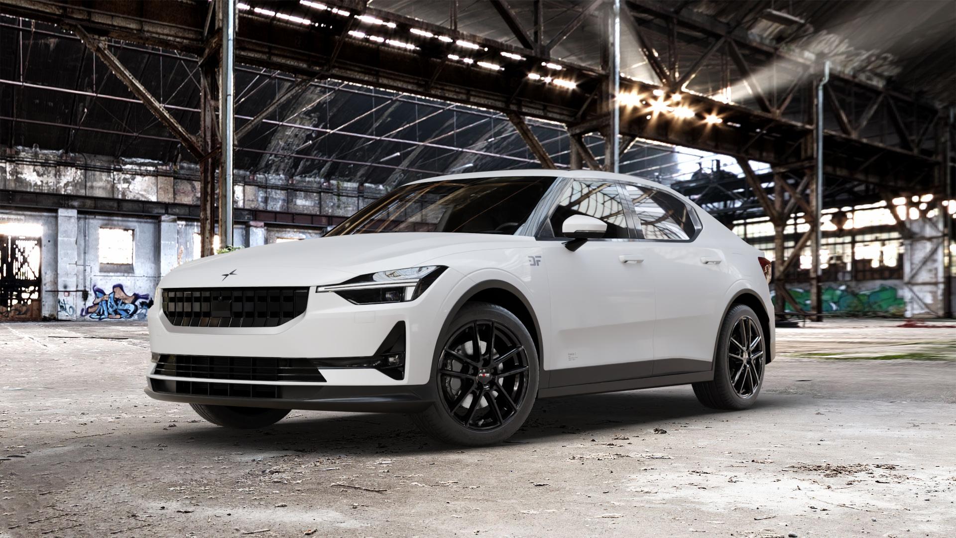 Platin Wheels P 73 diamant-schwarz Felge mit Reifen in 19Zoll Winterfelge Alufelge auf weissem Polestar 2 ⬇️ mit 15mm Tieferlegung ⬇️ Old Industrial Hall_max_5300mm_2024 Frontansicht_1