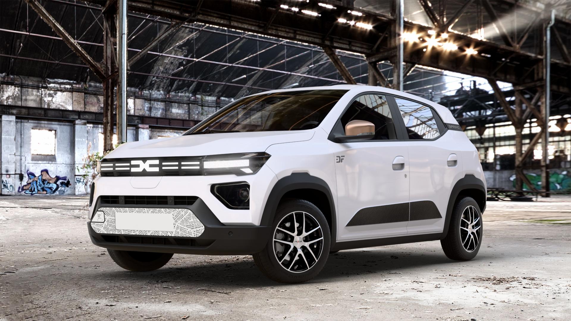 Platin Wheels P 73 diamantschwarz, Front poliert Felge mit Reifen in 14Zoll Alufelge auf weissem Dacia Spring ⬇️ mit 15mm Tieferlegung ⬇️ Old Industrial Hall_max_4400mm_2024 Frontansicht_1