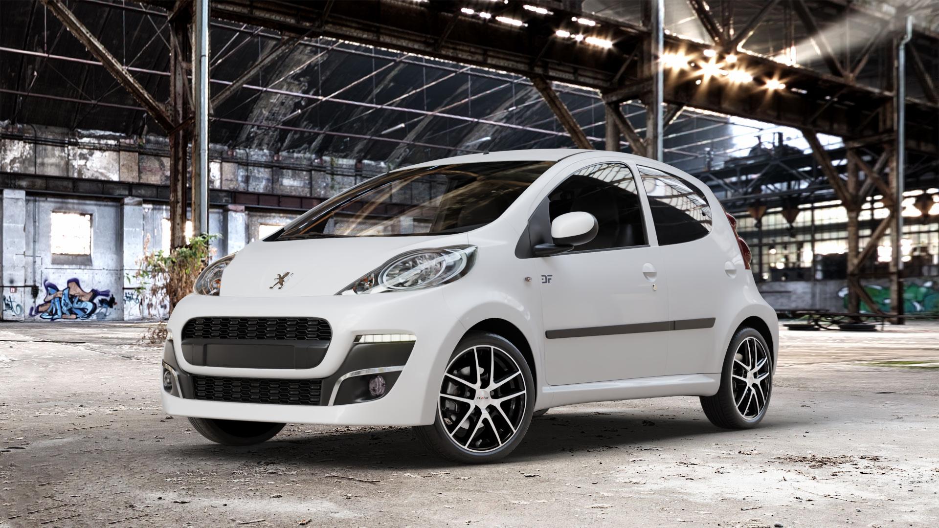 Platin Wheels P 73 diamantschwarz, Front poliert Felge mit Reifen in 15Zoll Alufelge auf weissem Peugeot 107 ⬇️ mit 15mm Tieferlegung ⬇️ Old Industrial Hall_max_4400mm_2024 Frontansicht_1