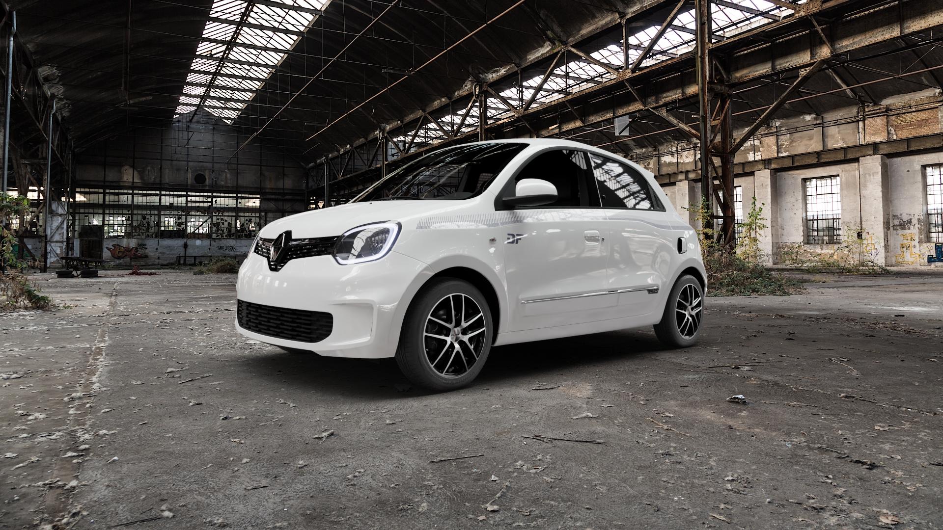 Platin Wheels P 73 diamantschwarz, Front poliert Felge mit Reifen in 15Zoll Alufelge auf weissem Renault Twingo III Typ AH Facelift ⬇️ mit 15mm Tieferlegung ⬇️ Old Industrial Hall_max5000mm_2022 Frontansicht_1