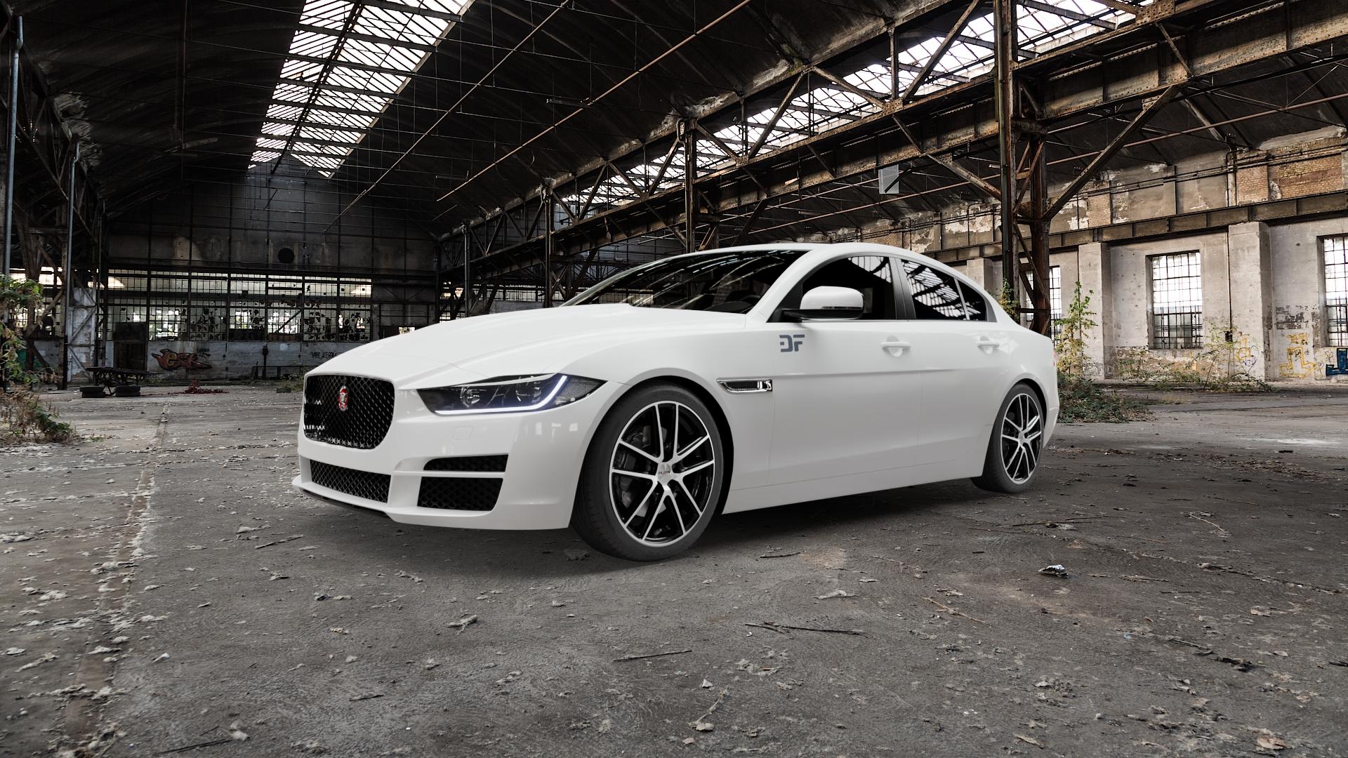 Platin Wheels P 73 diamantschwarz, Front poliert Felge mit Reifen in 18Zoll Alufelge auf weissem Jaguar XE Typ JA ⬇️ mit 15mm Tieferlegung ⬇️ Old Industrial Hall_max5000mm_2022 Frontansicht_1
