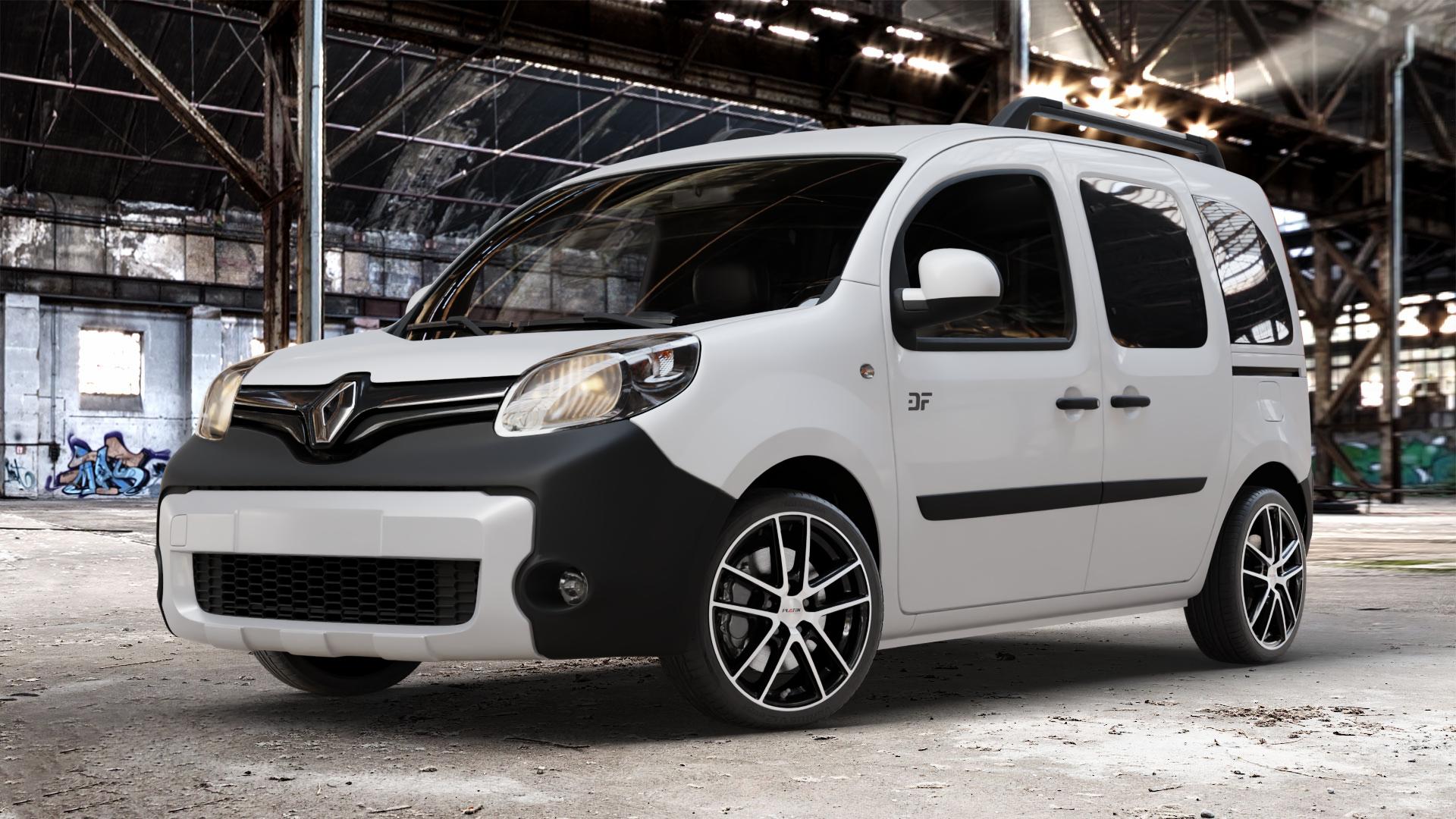 Platin Wheels P 73 diamantschwarz, Front poliert Felge mit Reifen in 18Zoll Alufelge auf weissem Renault Kangoo II Typ W Rapid FW BeBop Facelift (13->) Maxi ⬇️ mit 15mm Tieferlegung ⬇️ Old Industrial Hall_max_4400mm_2024 Frontansicht_1