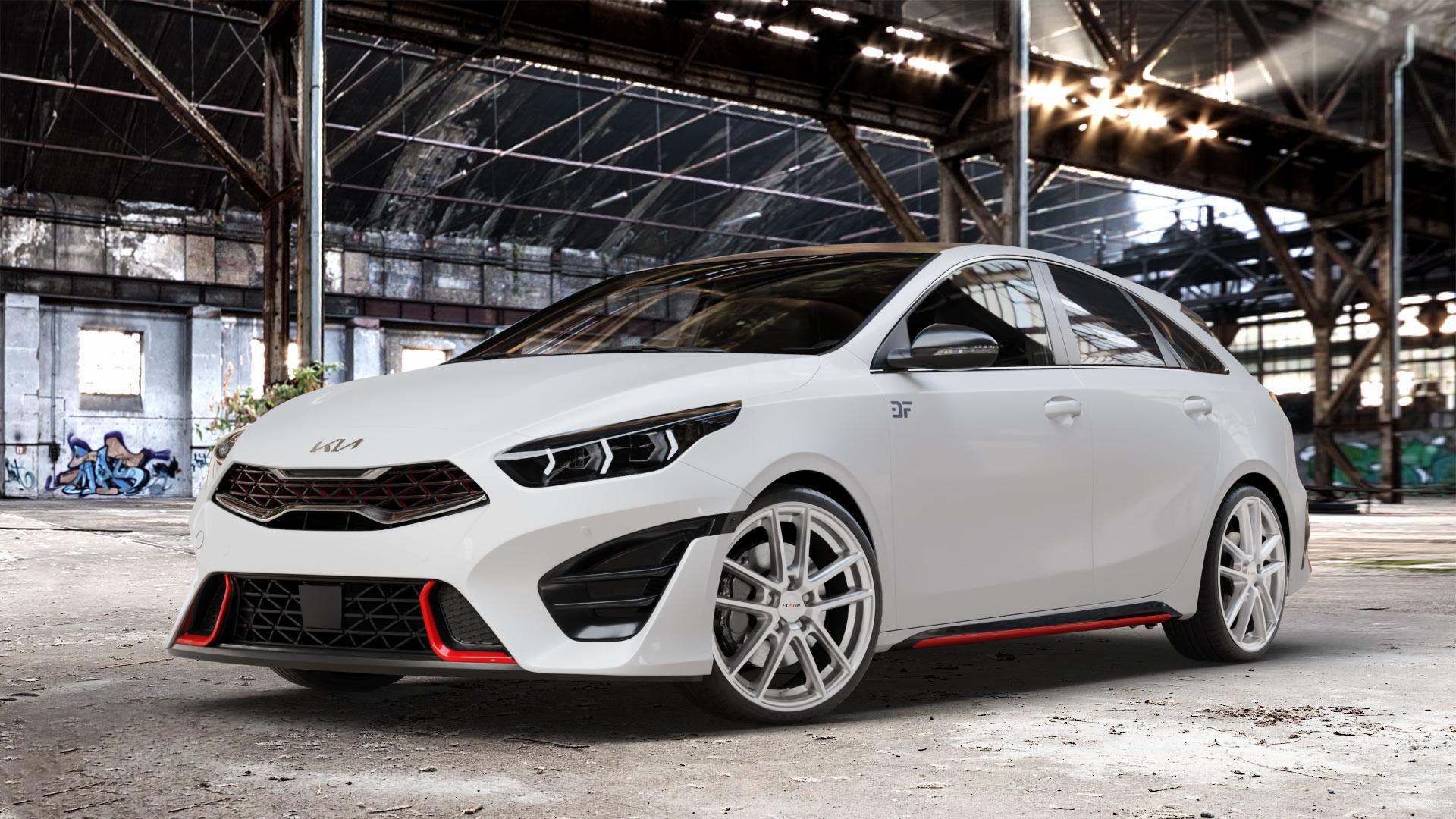 Platin Wheels P 73 metall silber Felge mit Reifen silber metallic in 19Zoll Winterfelge Alufelge auf weissem Kia ProCeed Typ CD Facelift Pro Cee d ⬇️ mit 15mm Tieferlegung ⬇️ Old Industrial Hall_max_4400mm_2024 Frontansicht_1