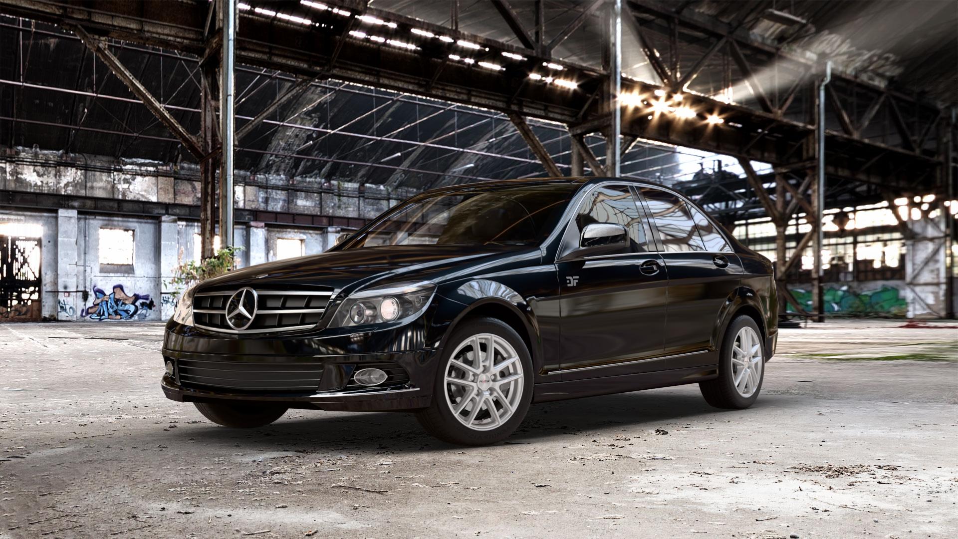 Platin Wheels P 73 polarsilber Felge mit Reifen in 16Zoll Winterfelge Alufelge auf schwarzem metallic Mercedes C-Klasse Typ W204 Limousine ⬇️ mit 15mm Tieferlegung ⬇️ Old Industrial Hall_max_5300mm_2024 Frontansicht_1