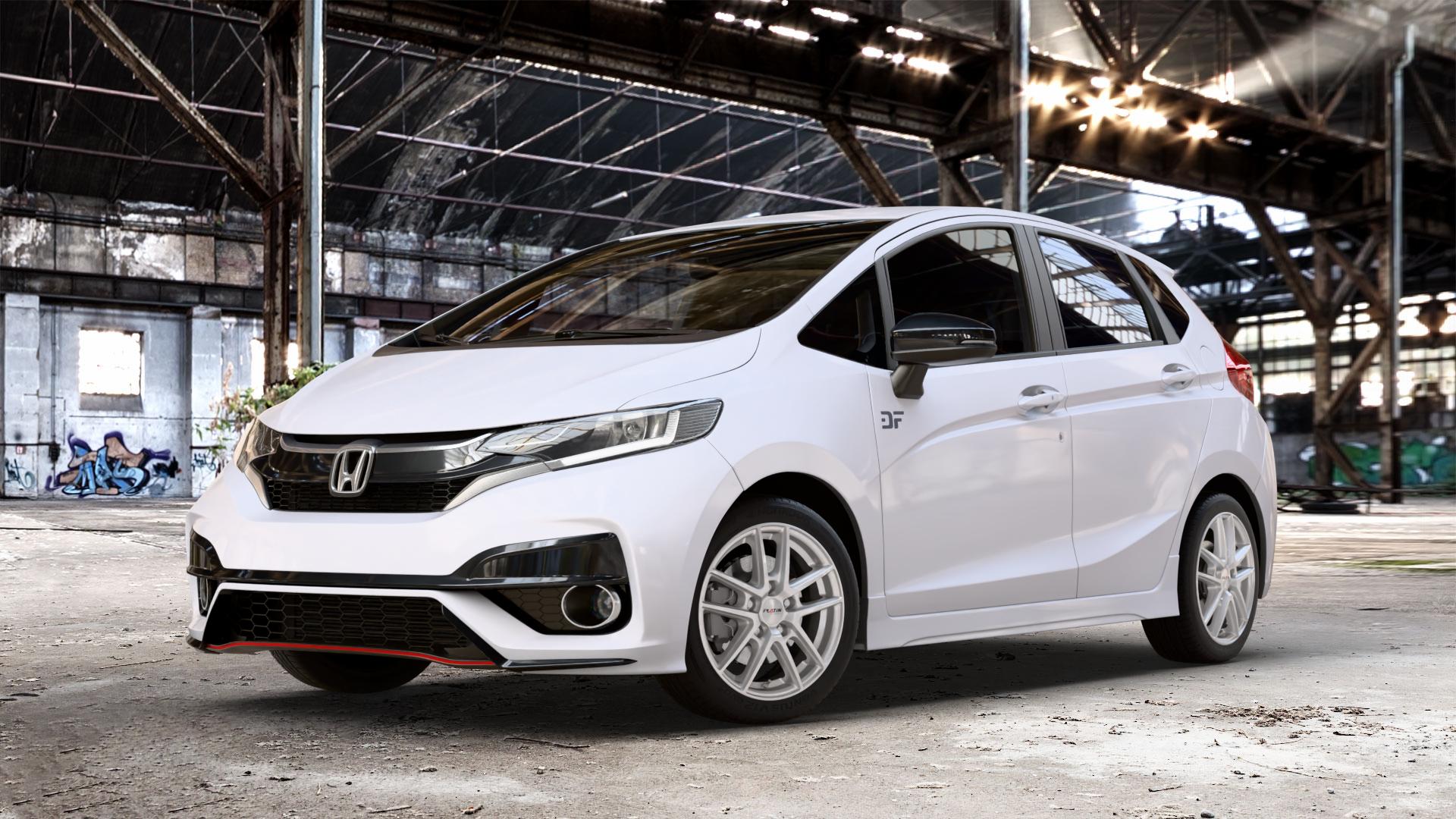 Platin Wheels P 73 polarsilber Felge mit Reifen in 16Zoll Winterfelge Alufelge auf weissem Honda Jazz IV (GK) Facelift ⬇️ mit 15mm Tieferlegung ⬇️ Old Industrial Hall_max_4400mm_2024 Frontansicht_1