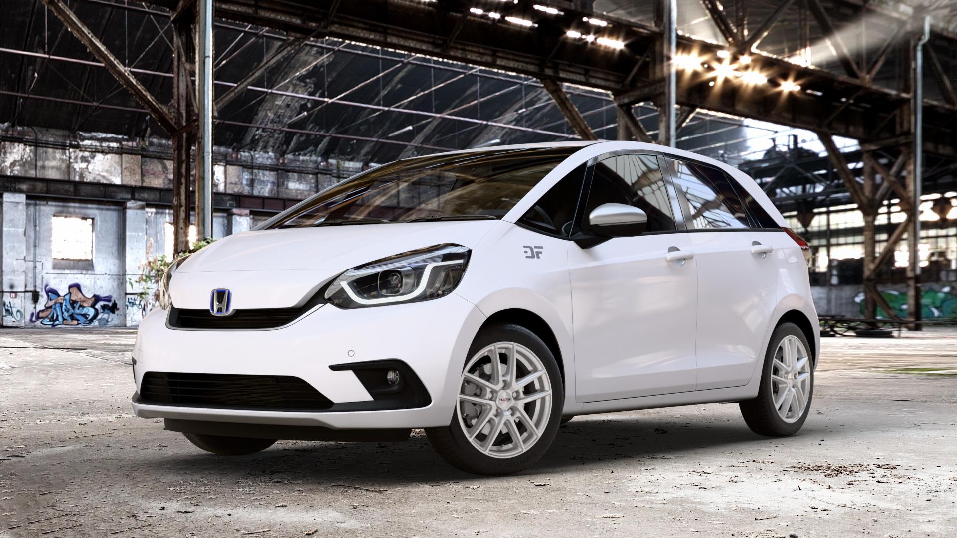Platin Wheels P 73 polarsilber Felge mit Reifen in 16Zoll Winterfelge Alufelge auf weissem Honda Jazz V (GR) ⬇️ mit 15mm Tieferlegung ⬇️ Old Industrial Hall_max_4400mm_2024 Frontansicht_1
