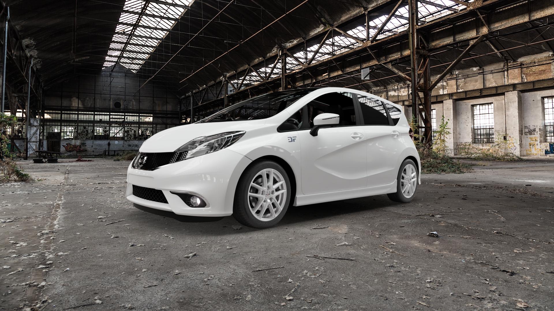 Platin Wheels P 73 polarsilber Felge mit Reifen in 16Zoll Winterfelge Alufelge auf weissem Nissan Note Typ E12 ⬇️ mit 15mm Tieferlegung ⬇️ Old Industrial Hall_max5000mm_2022 Frontansicht_1