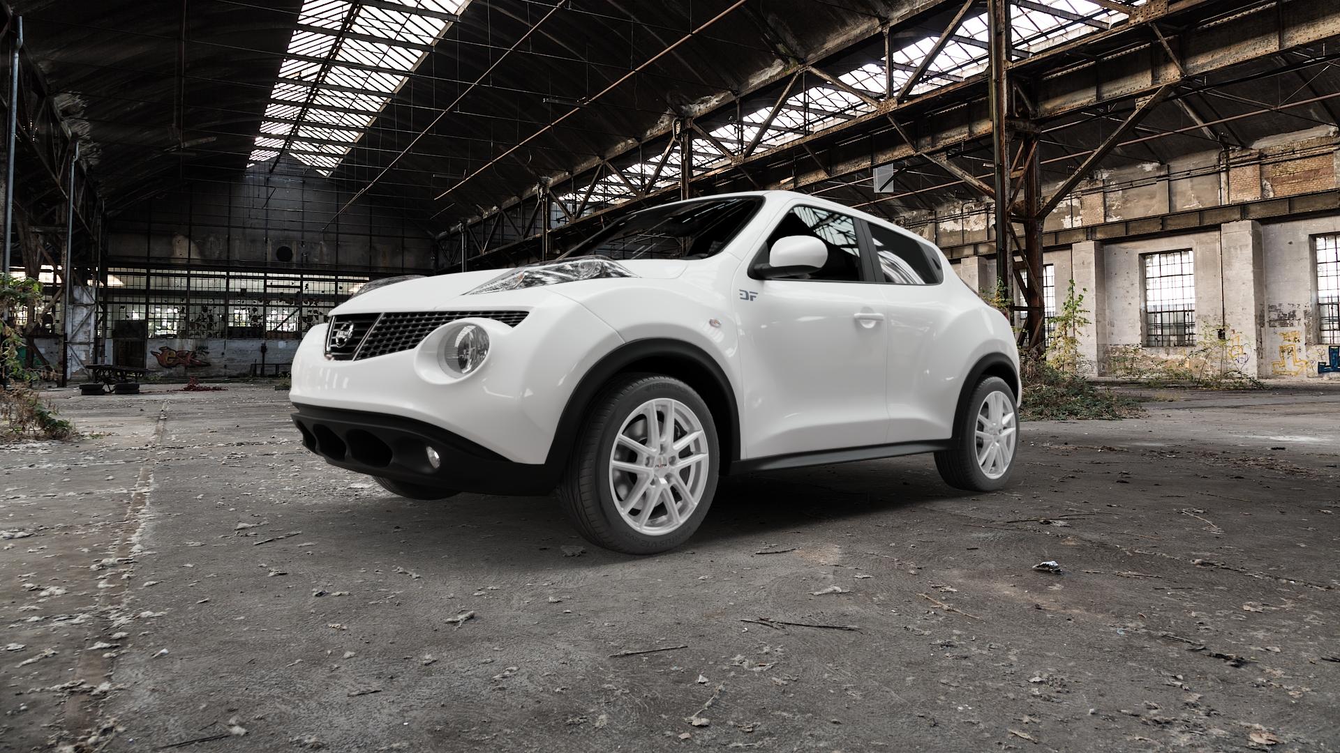 Platin Wheels P 73 polarsilber Felge mit Reifen in 17Zoll Winterfelge Alufelge auf weissem Nissan Juke Typ F15 1,6l DIG-T 140kW (190 PS) 4WD 1,5l dCi 81kW (110 69kW (94 147kW Nismo (200 ⬇️ mit 15mm Tieferlegung ⬇️ Old Industrial Hall_max5000mm_2022 Frontansicht_1