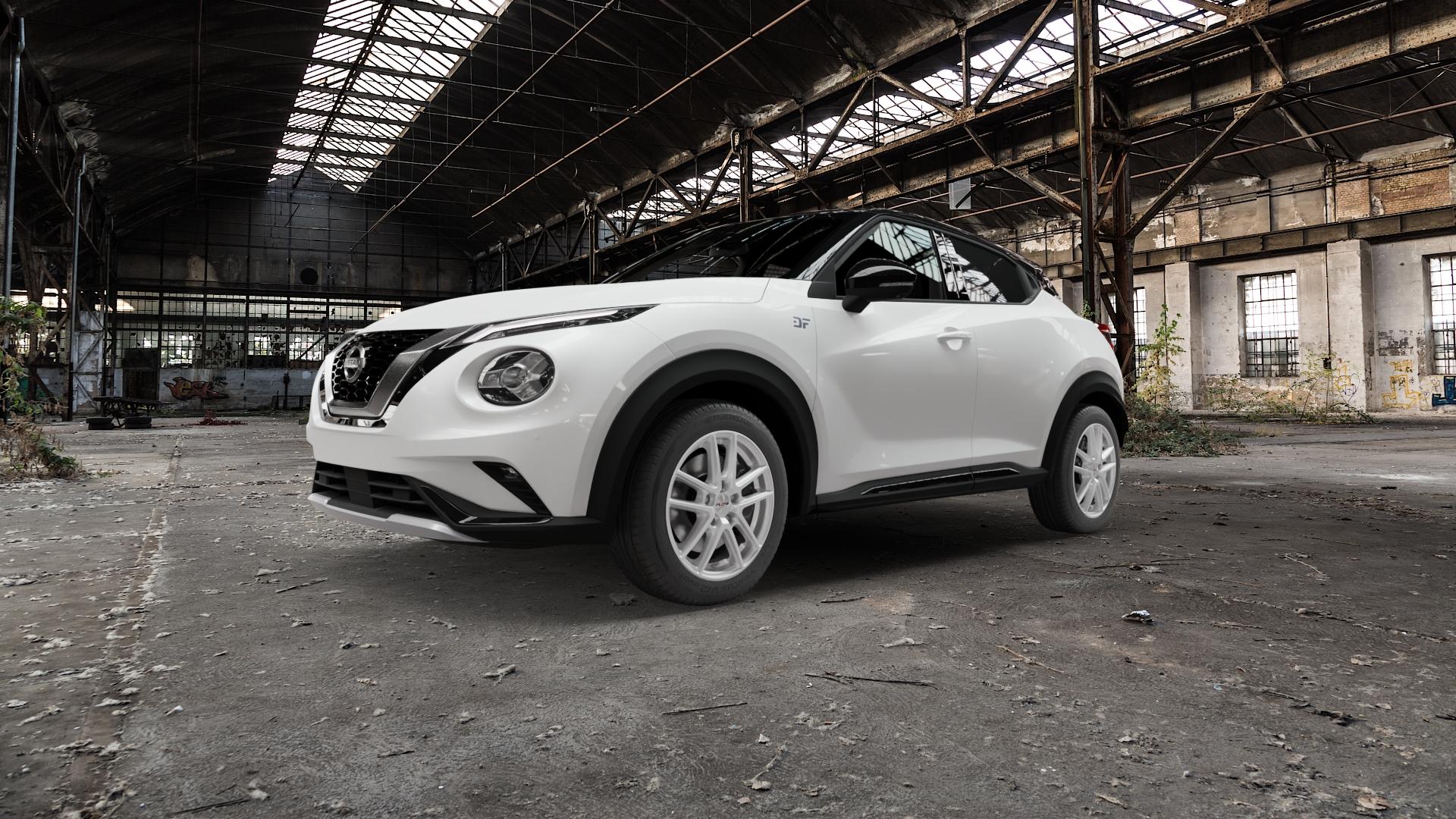 Platin Wheels P 73 polarsilber Felge mit Reifen in 17Zoll Winterfelge Alufelge auf weissem Nissan Juke Typ F16 1,0l DIG-T 117 86kW (117 PS) Facelift ⬇️ mit 15mm Tieferlegung ⬇️ Old Industrial Hall_max5000mm_2022 Frontansicht_1