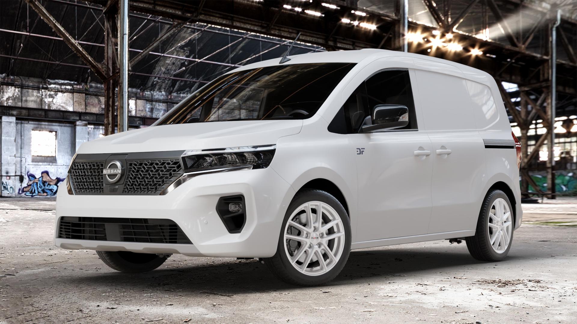 Platin Wheels P 73 polarsilber Felge mit Reifen in 17Zoll Winterfelge Alufelge auf weissem Nissan Townstar Kastenwagen Typ NFK ⬇️ mit 15mm Tieferlegung ⬇️ Old Industrial Hall_max_4400mm_2024 Frontansicht_1