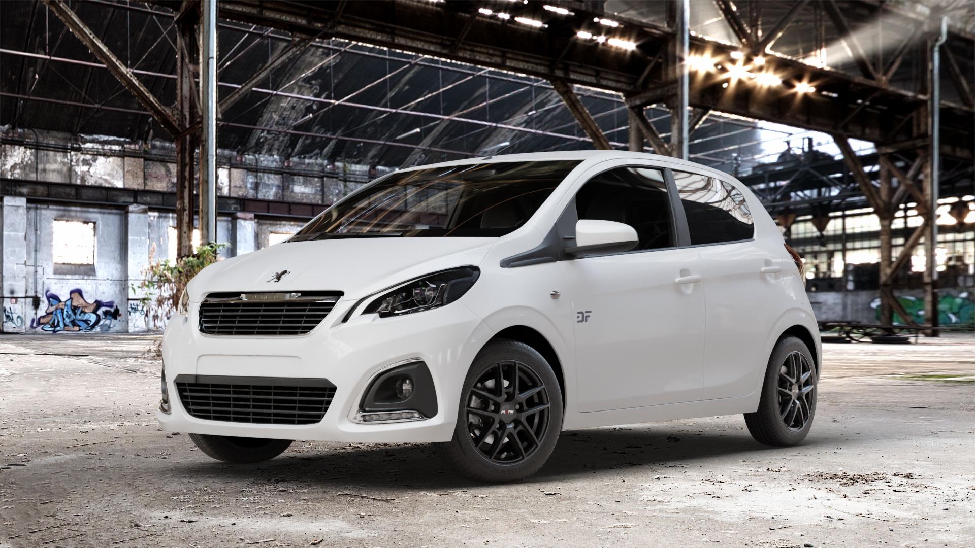 Platin Wheels P 73 racing-schwarz Felge mit Reifen in 14Zoll Winterfelge Alufelge auf weissem Peugeot 108 ⬇️ mit 15mm Tieferlegung ⬇️ Old Industrial Hall_max_4400mm_2024 Frontansicht_1