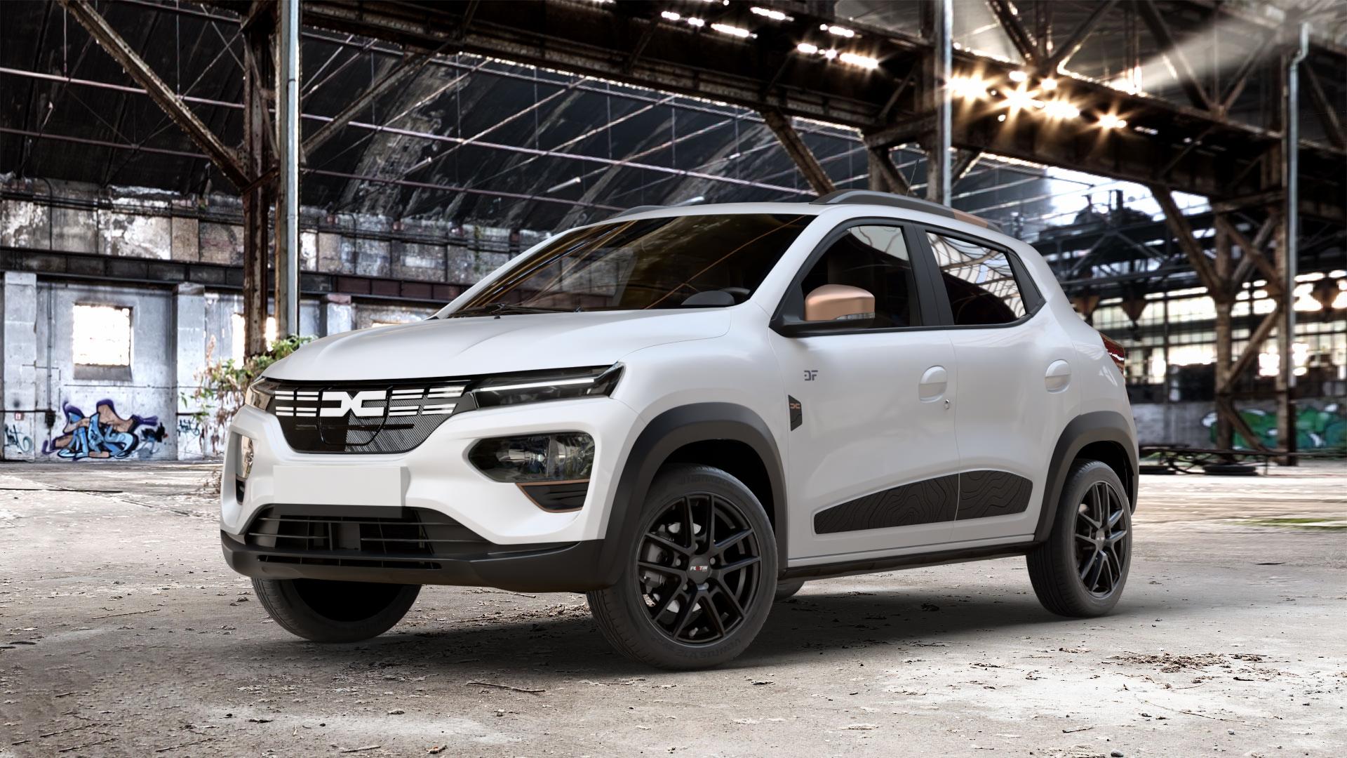 Platin Wheels P 73 racing-schwarz Felge mit Reifen in 15Zoll Winterfelge Alufelge auf weissem Dacia Spring Typ DBG Facelift 0,0l 19kW (26 PS) 30kW (41 ⬇️ mit 15mm Tieferlegung ⬇️ Old Industrial Hall_max_4400mm_2024 Frontansicht_1
