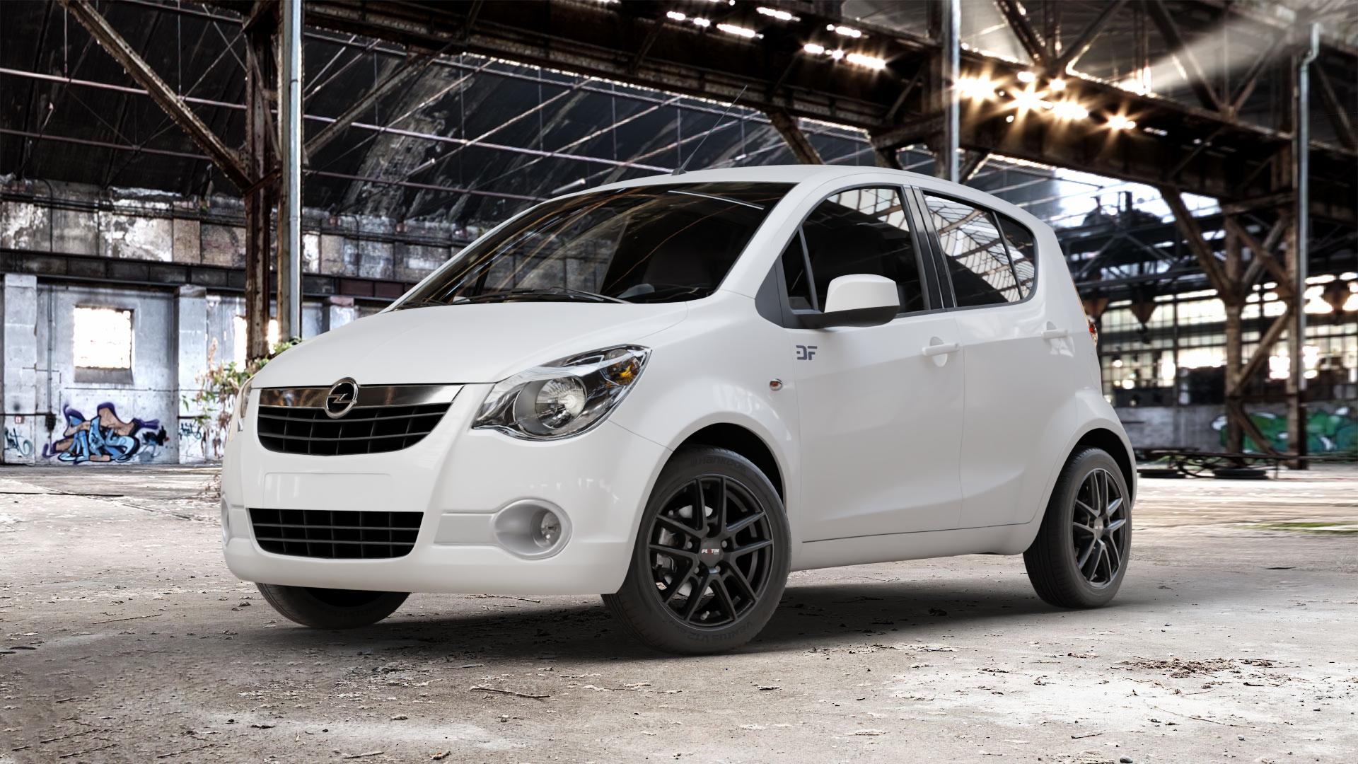 Platin Wheels P 73 racing-schwarz Felge mit Reifen in 15Zoll Winterfelge Alufelge auf weissem Opel Agila Typ H-B ⬇️ mit 15mm Tieferlegung ⬇️ Old Industrial Hall_max_4400mm_2024 Frontansicht_1