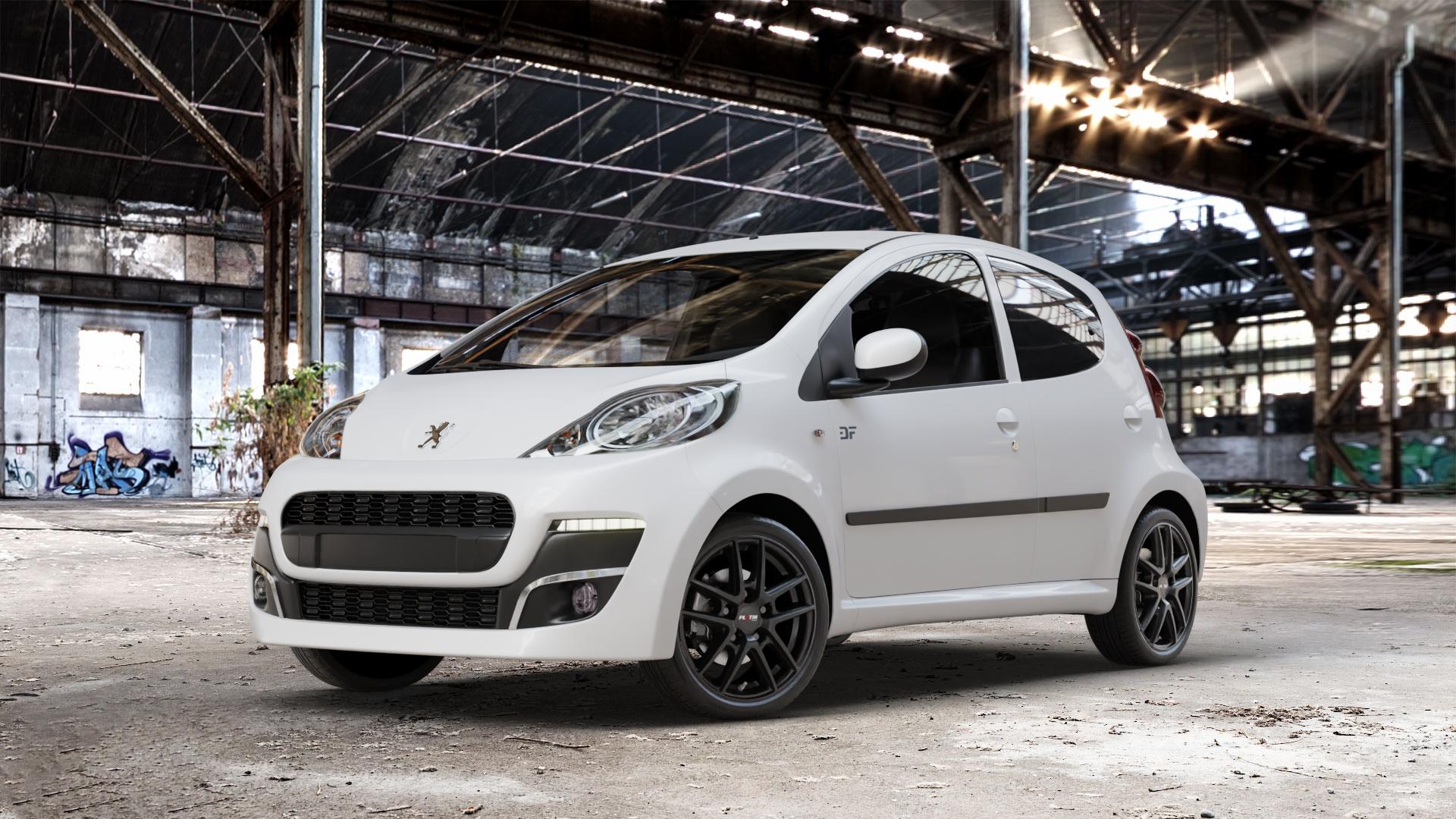 Platin Wheels P 73 racing-schwarz Felge mit Reifen in 15Zoll Winterfelge Alufelge auf weissem Peugeot 107 ⬇️ mit 15mm Tieferlegung ⬇️ Old Industrial Hall_max_4400mm_2024 Frontansicht_1