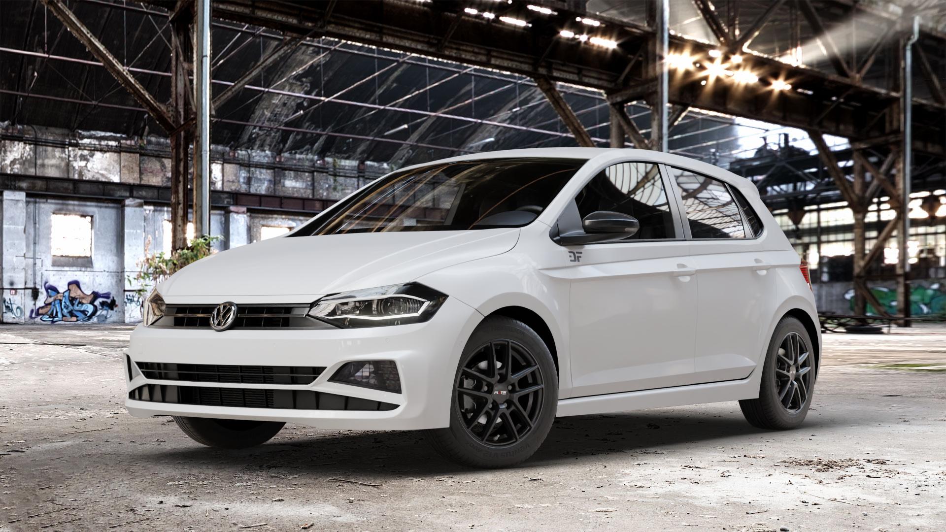 Platin Wheels P 73 racing-schwarz Felge mit Reifen in 15Zoll Winterfelge Alufelge auf weissem Volkswagen (VW) Polo VI Typ AW ⬇️ mit 15mm Tieferlegung ⬇️ Old Industrial Hall_max_4400mm_2024 Frontansicht_1