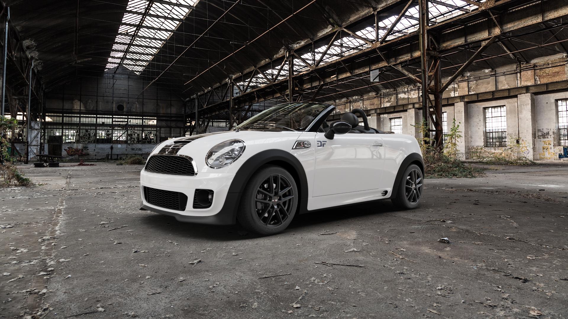 Platin Wheels P 73 racing-schwarz Felge mit Reifen in 16Zoll Winterfelge Alufelge auf weissem Mini R59 Typ UKL-C (Roadster) ⬇️ mit 15mm Tieferlegung ⬇️ Old Industrial Hall_max5000mm_2022 Frontansicht_1