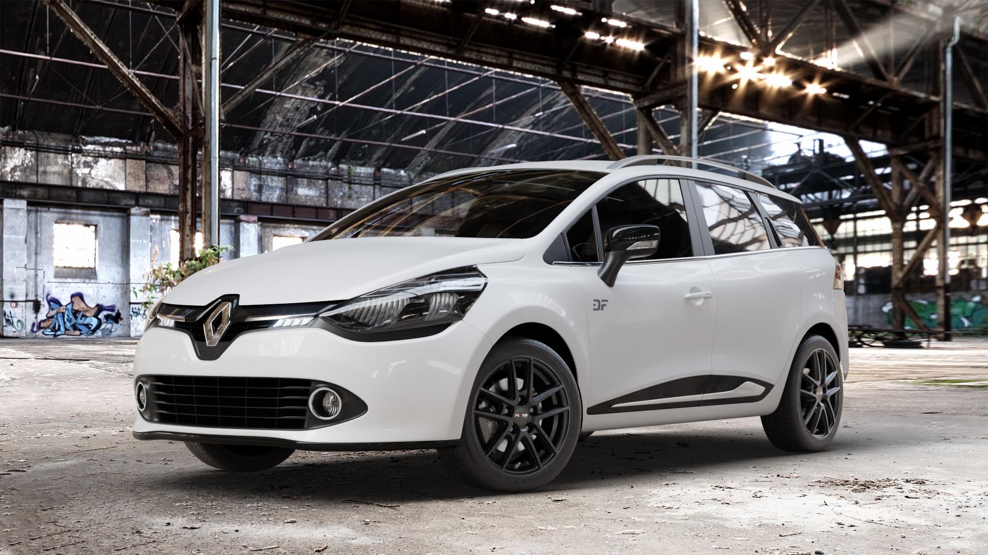 Platin Wheels P 73 racing-schwarz Felge mit Reifen in 16Zoll Winterfelge Alufelge auf weissem Renault Clio IV Grandtour Typ R ⬇️ mit 15mm Tieferlegung ⬇️ Old Industrial Hall_max_4400mm_2024 Frontansicht_1