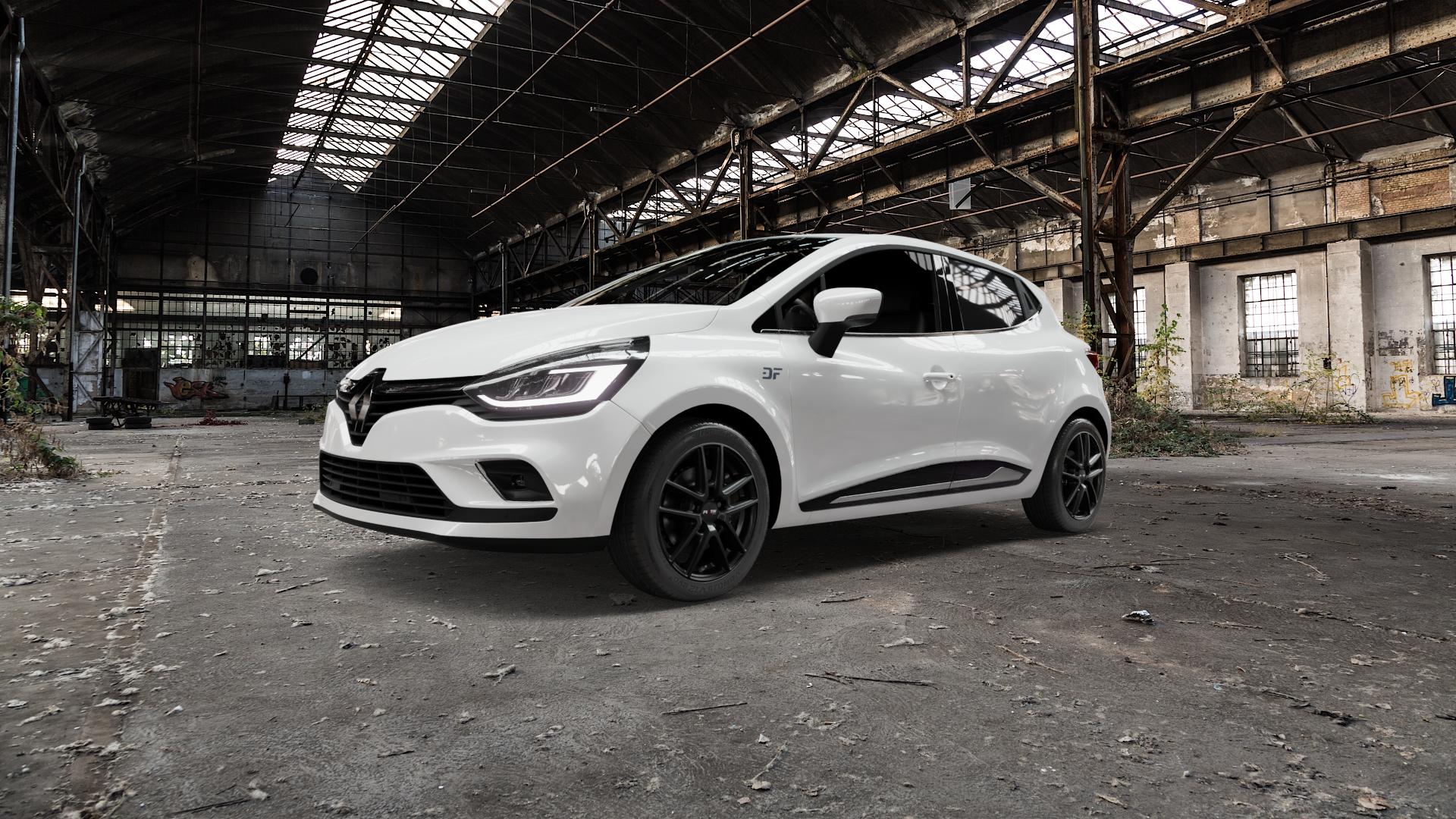 Platin Wheels P 73 racing-schwarz Felge mit Reifen in 16Zoll Winterfelge Alufelge auf weissem Renault Clio IV Typ R Facelift ⬇️ mit 15mm Tieferlegung ⬇️ Old Industrial Hall_max5000mm_2022 Frontansicht_1