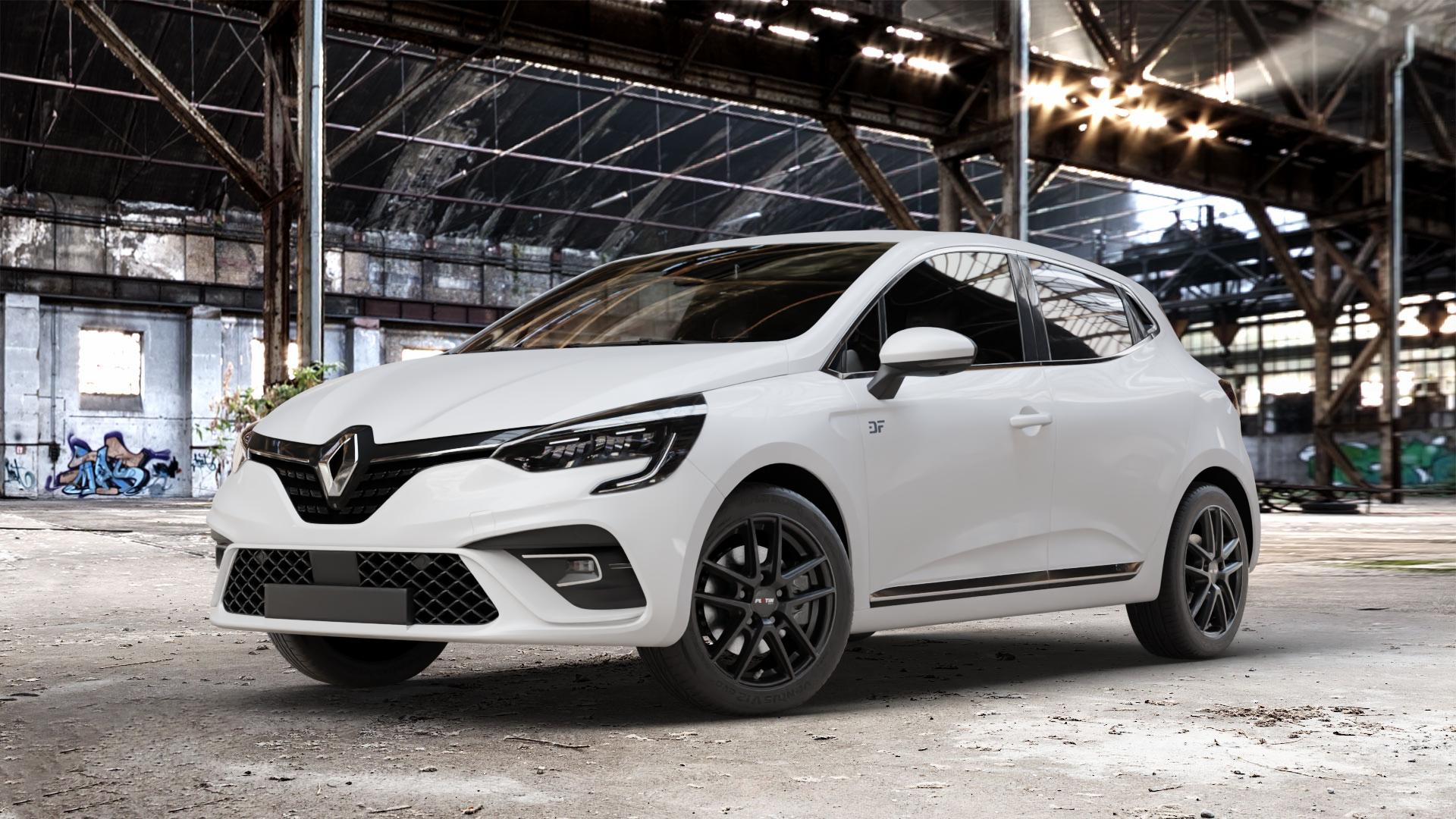 Platin Wheels P 73 racing-schwarz Felge mit Reifen in 16Zoll Winterfelge Alufelge auf weissem Renault Clio V Typ RJA ⬇️ mit 15mm Tieferlegung ⬇️ Old Industrial Hall_max_4400mm_2024 Frontansicht_1