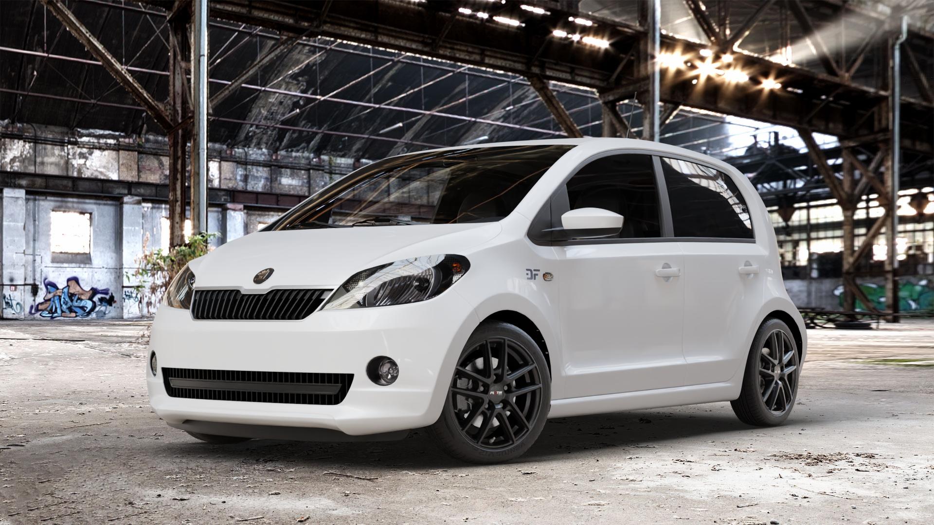 Platin Wheels P 73 racing-schwarz Felge mit Reifen in 16Zoll Winterfelge Alufelge auf weissem Skoda Citigo Typ AA ⬇️ mit 15mm Tieferlegung ⬇️ Old Industrial Hall_max_4400mm_2024 Frontansicht_1