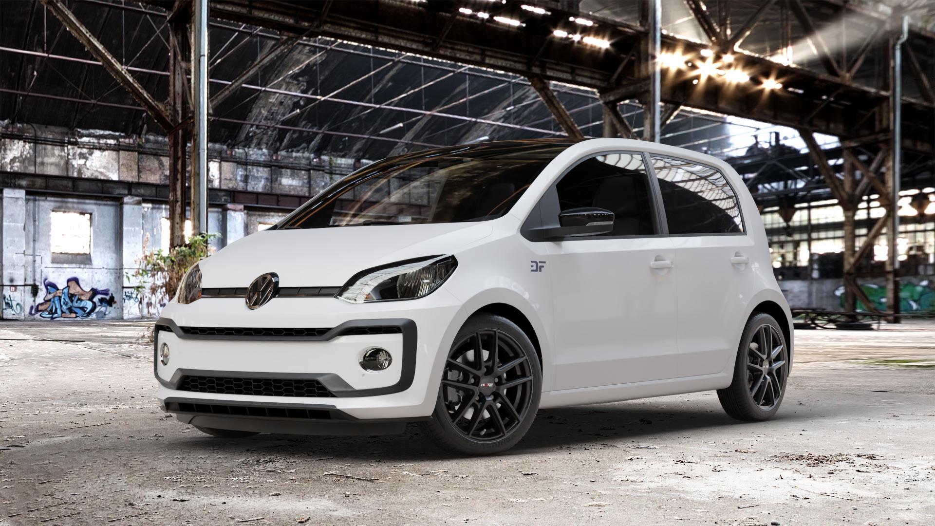 Platin Wheels P 73 racing-schwarz Felge mit Reifen in 16Zoll Winterfelge Alufelge auf weissem Volkswagen (VW) UP Facelift ⬇️ mit 15mm Tieferlegung ⬇️ Old Industrial Hall_max_4400mm_2024 Frontansicht_1