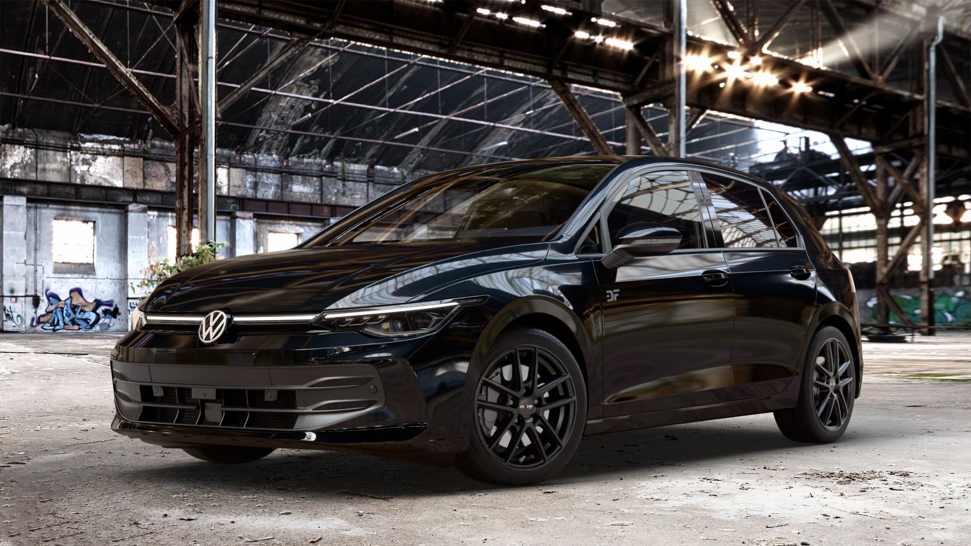 Platin Wheels P 73 racing-schwarz Felge mit Reifen in 17Zoll Winterfelge Alufelge auf schwarzem Volkswagen (VW) Golf 8 Facelift ⬇️ mit 15mm Tieferlegung ⬇️ Old Industrial Hall_max_4400mm_2024 Frontansicht_1